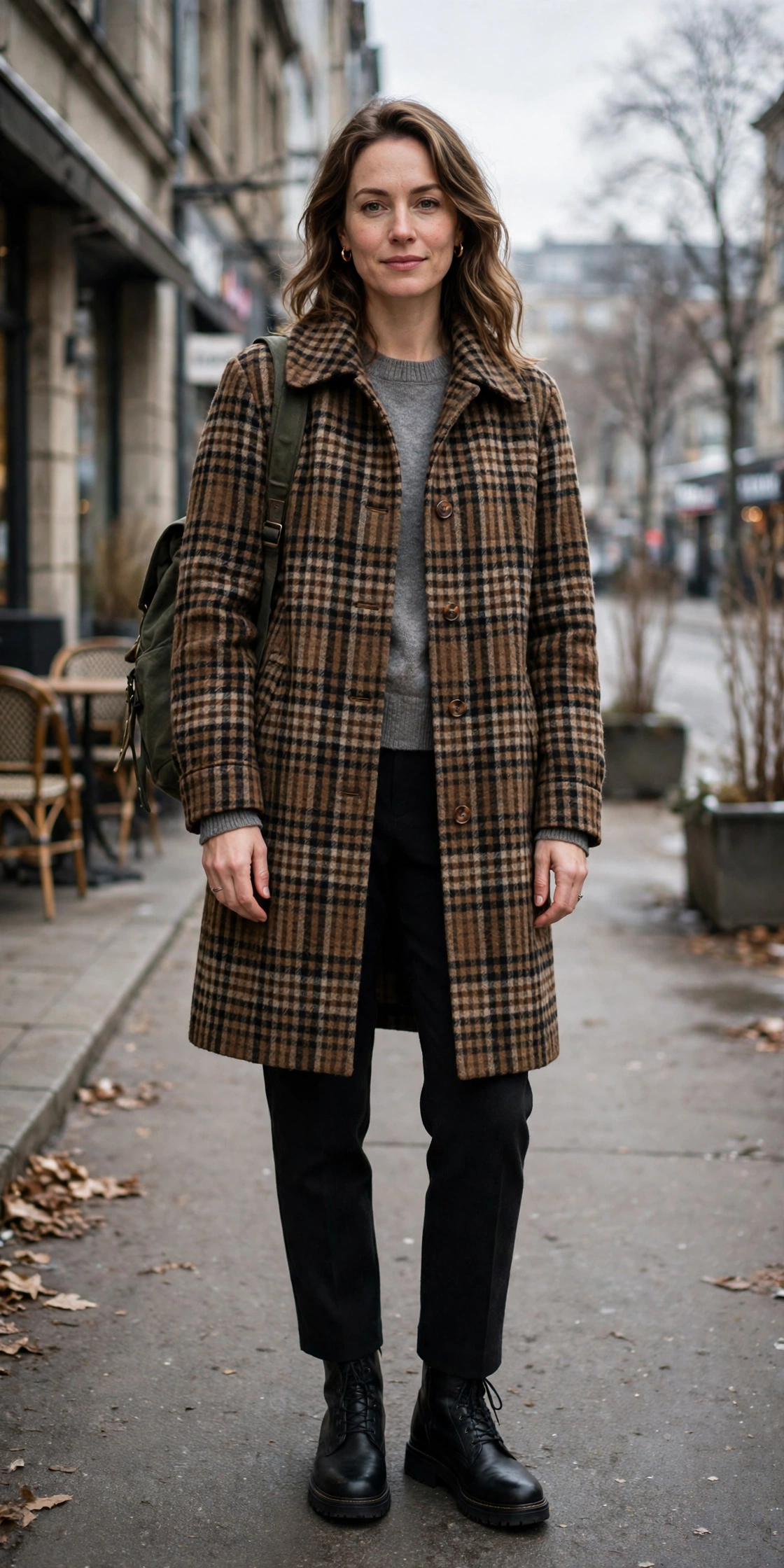 Checked Wool Coat Over a Grey Jumper and Black Trousers