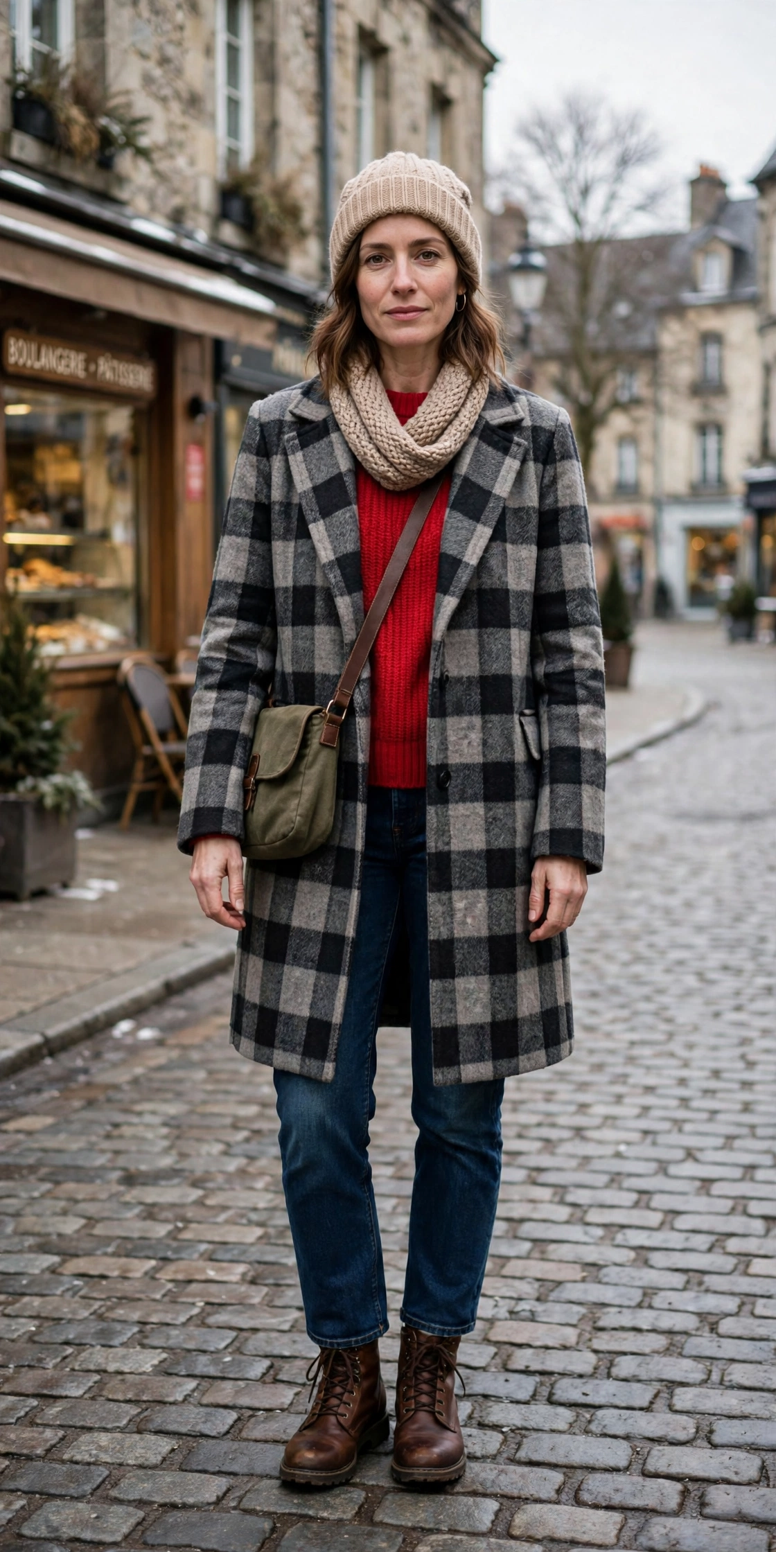 Checked Wool Coat Over a Red Knit and Jeans