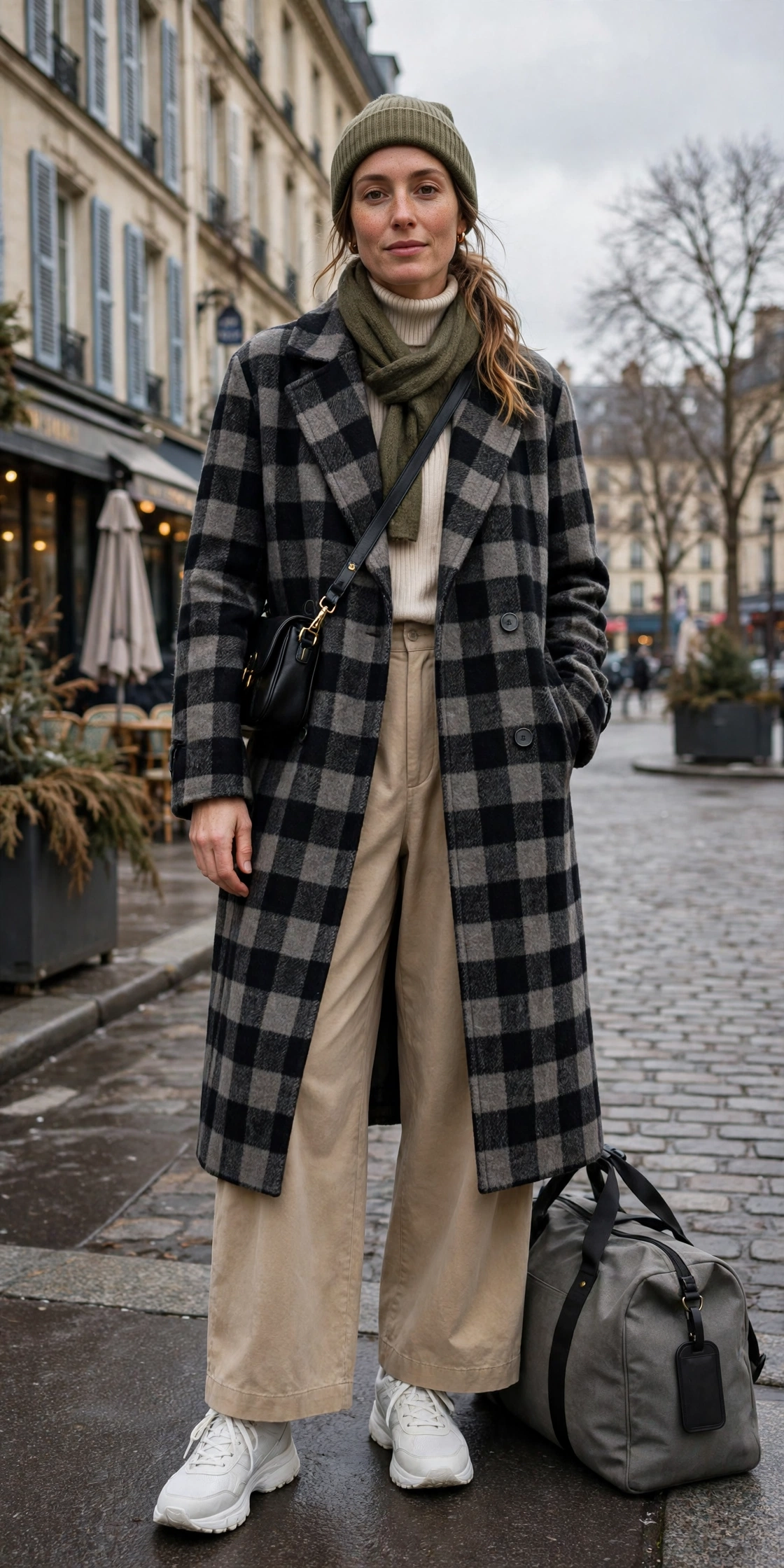 Checked Wool Coat With Wide-Leg Trousers and Trainers