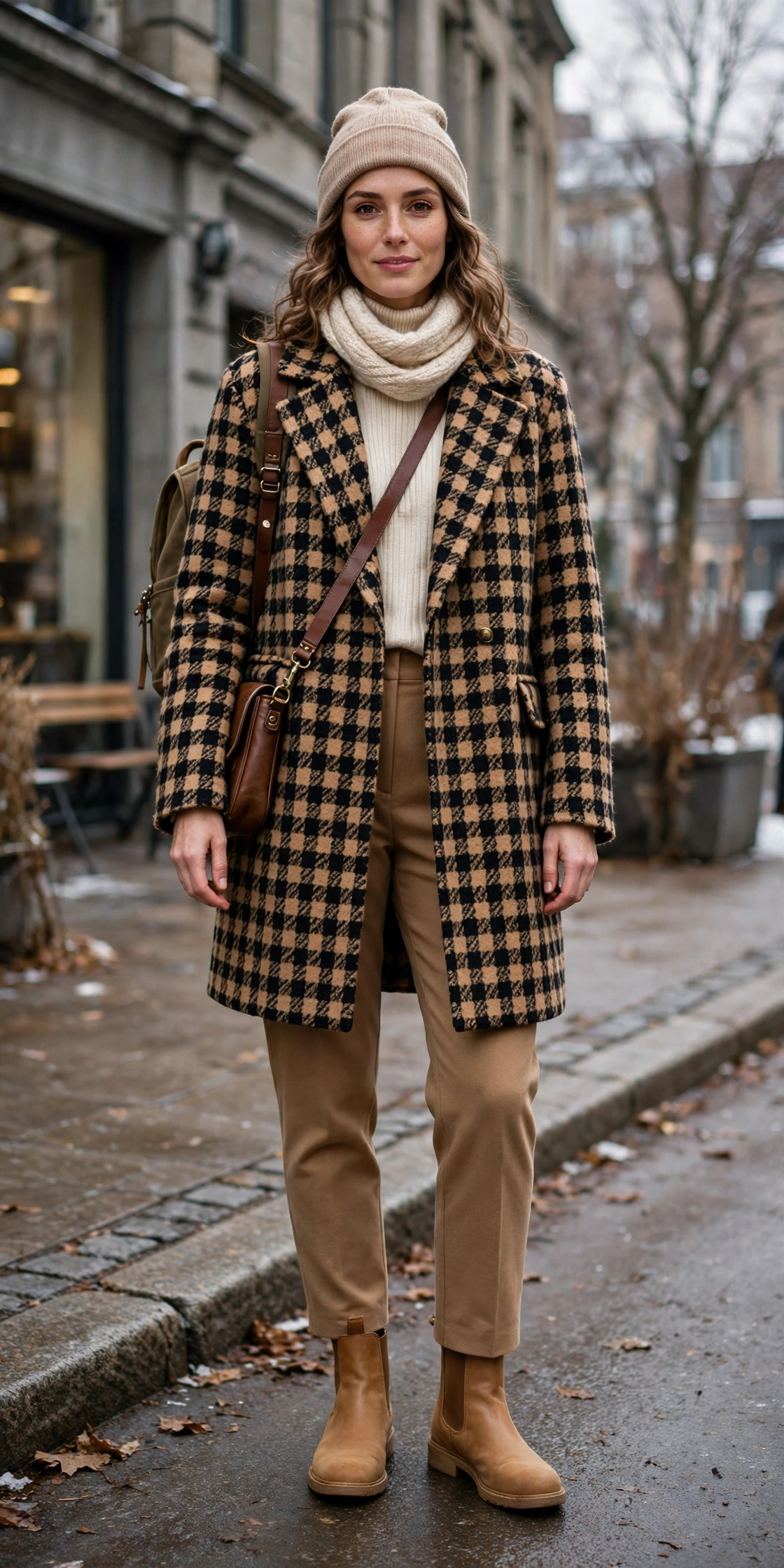 Checked Wool Coat With Camel Trousers and Tan Boots