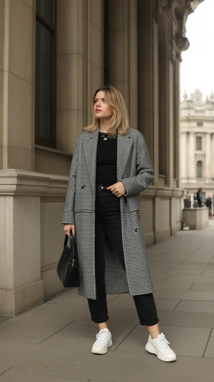 Checked Wool Coat Over a Black Roll Neck and Jeans