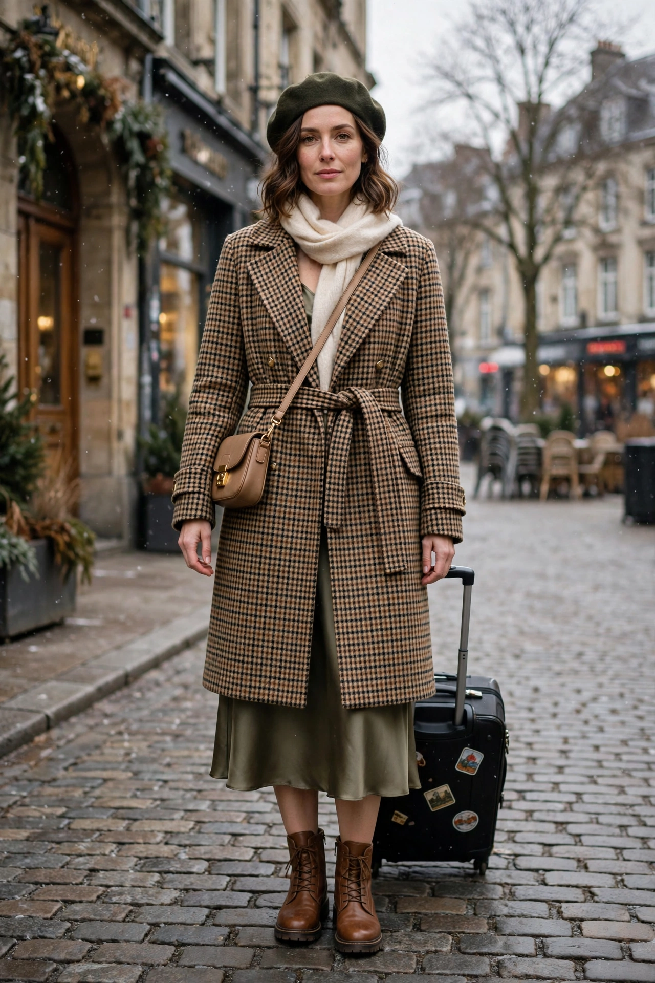 Checked Wool Coat With a Satin Midi Dress
