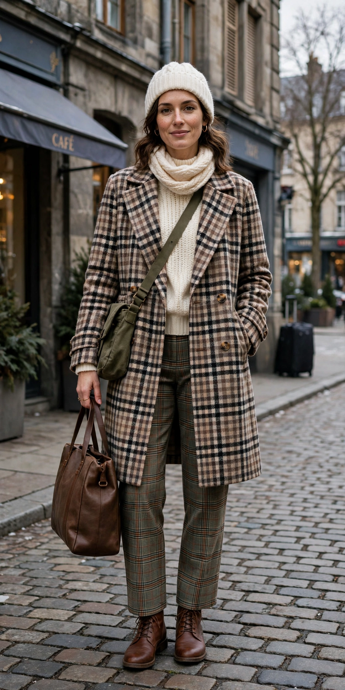 Checked Wool Coat Over a Cream Knit and Plaid Trousers