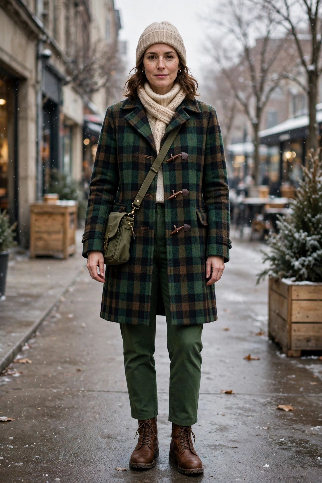 Checked Wool Coat With Green Trousers and Brown Boots
