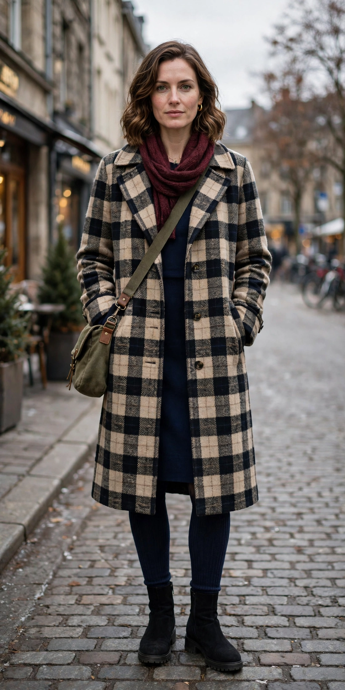 Checked Wool Coat Over a Navy Dress and Ankle Boots