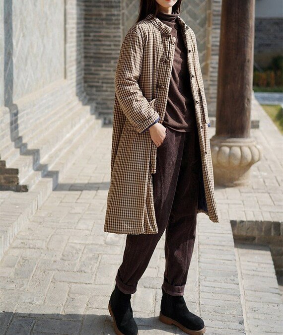 Checked Wool Coat With Brown Corduroy Trousers