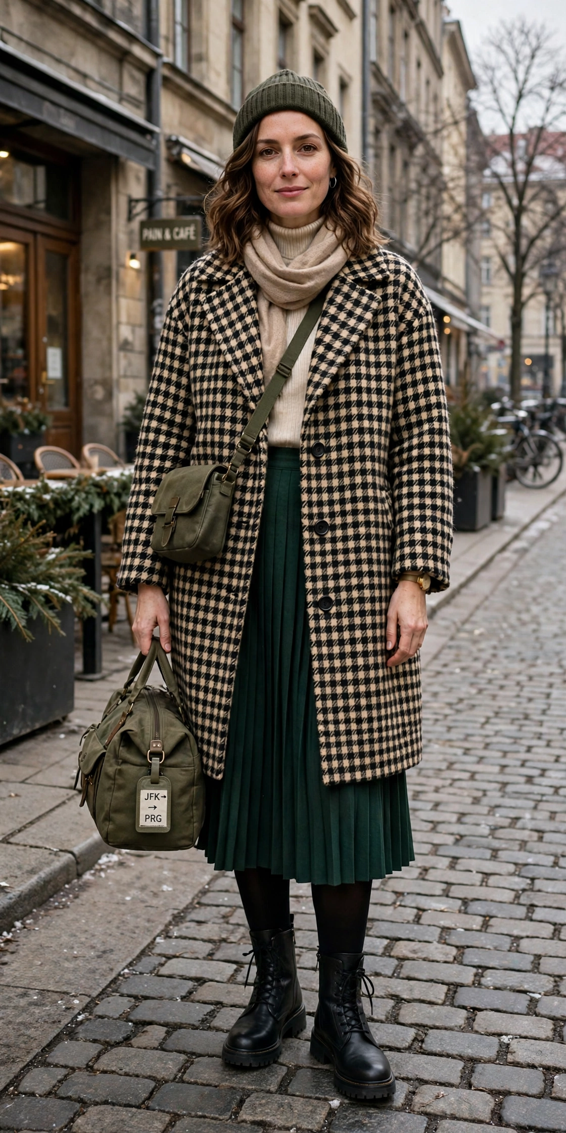 Checked Wool Coat With a Pleated Skirt and Boots