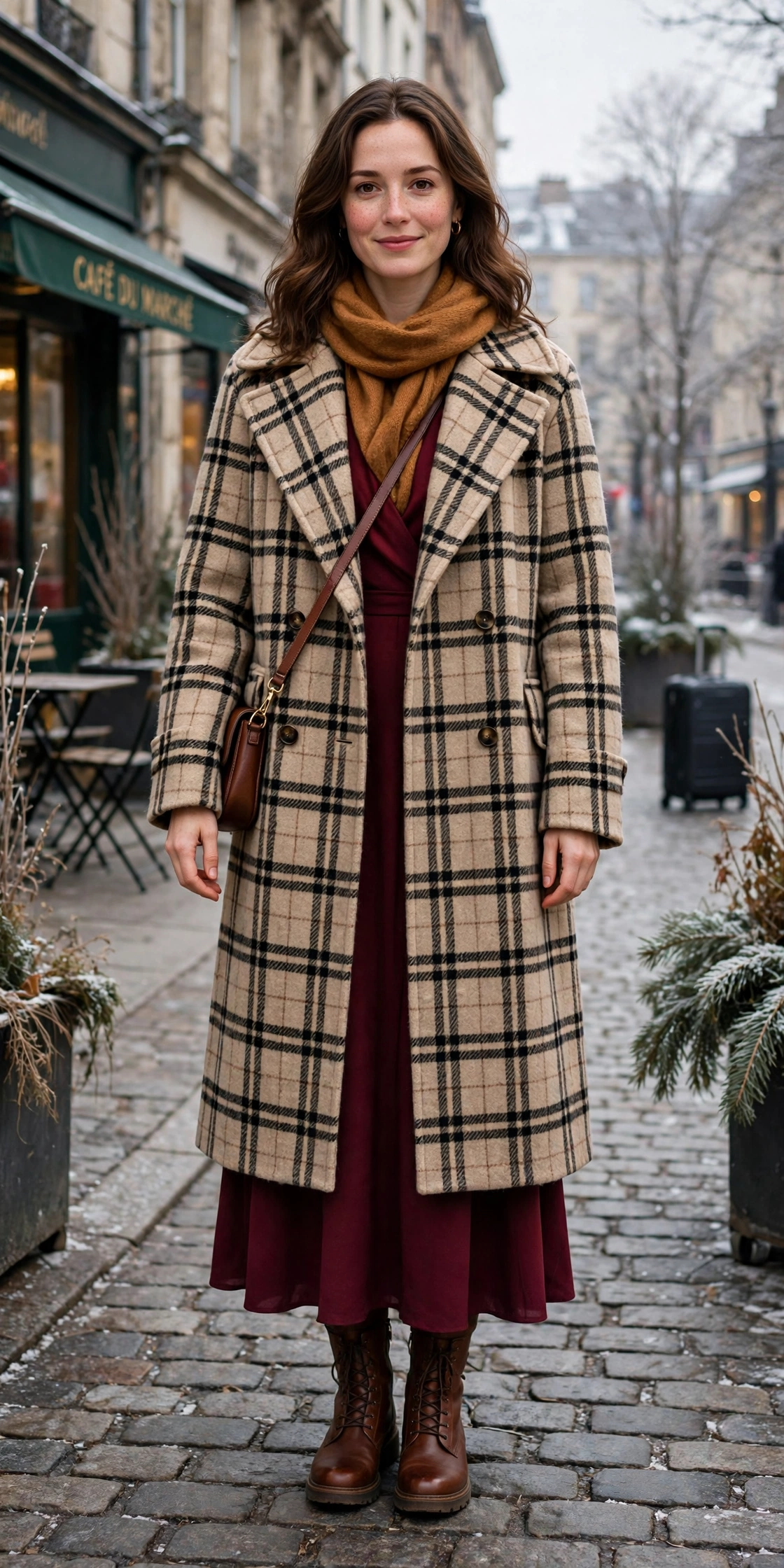 Checked Wool Coat Over a Burgundy Dress and Boots