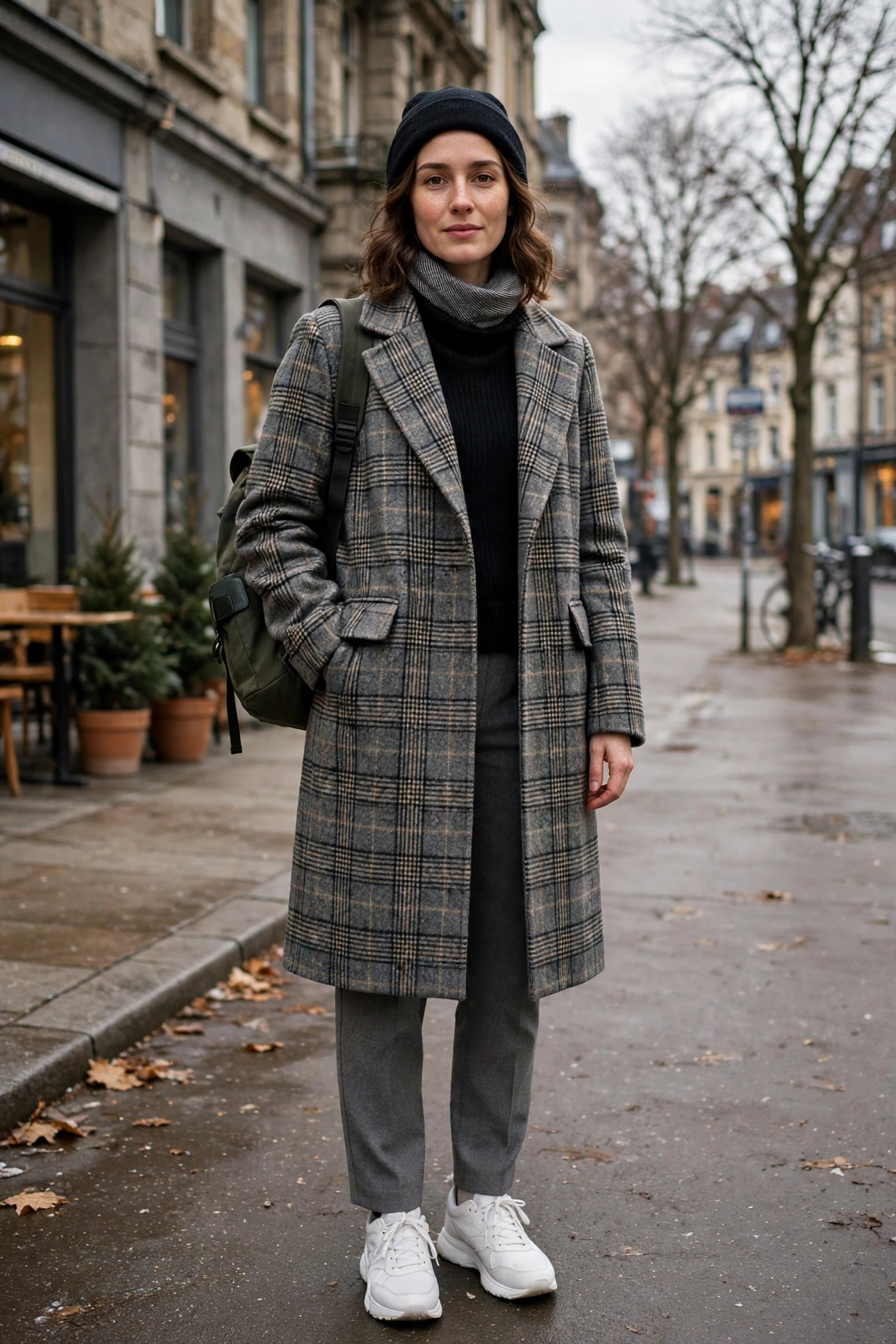 Checked Wool Coat With Grey Trousers and White Trainers