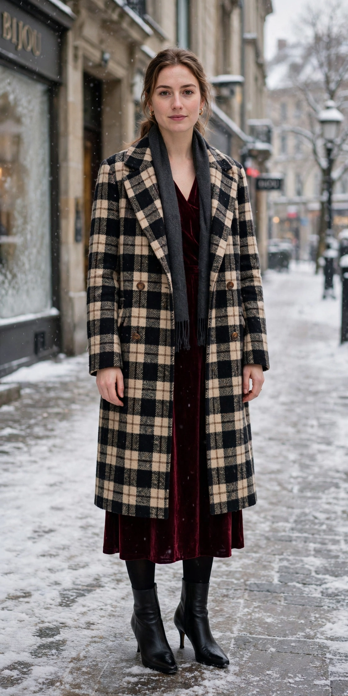 Checked Wool Coat With a Velvet Dress and Heeled Boots
