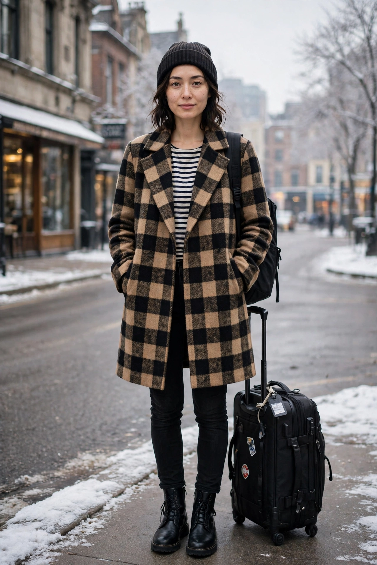 Checked Wool Coat Over a Striped Top and Black Jeans