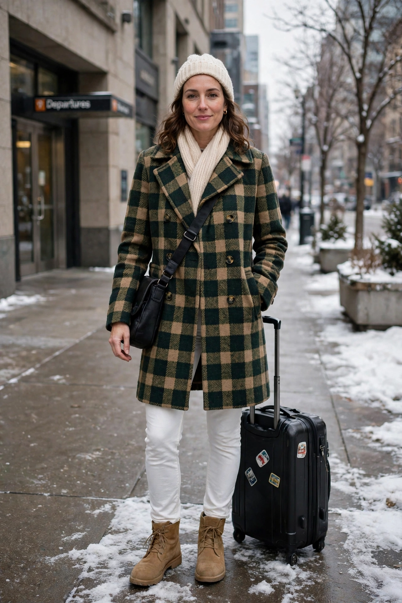 Checked Wool Coat With White Jeans and Tan Boots