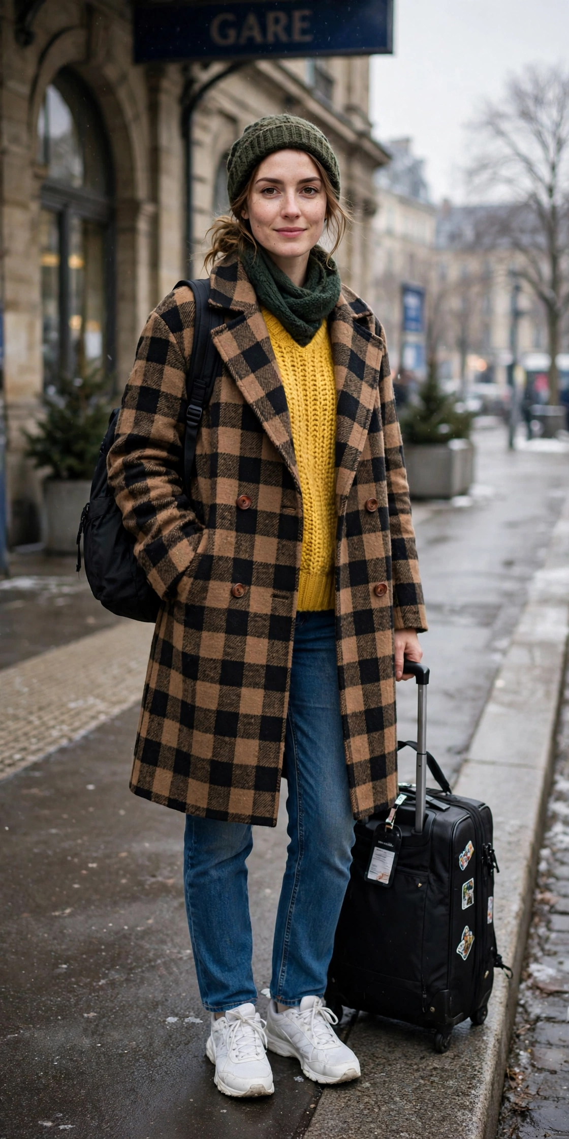 Checked Wool Coat Over a Yellow Knit and Blue Jeans