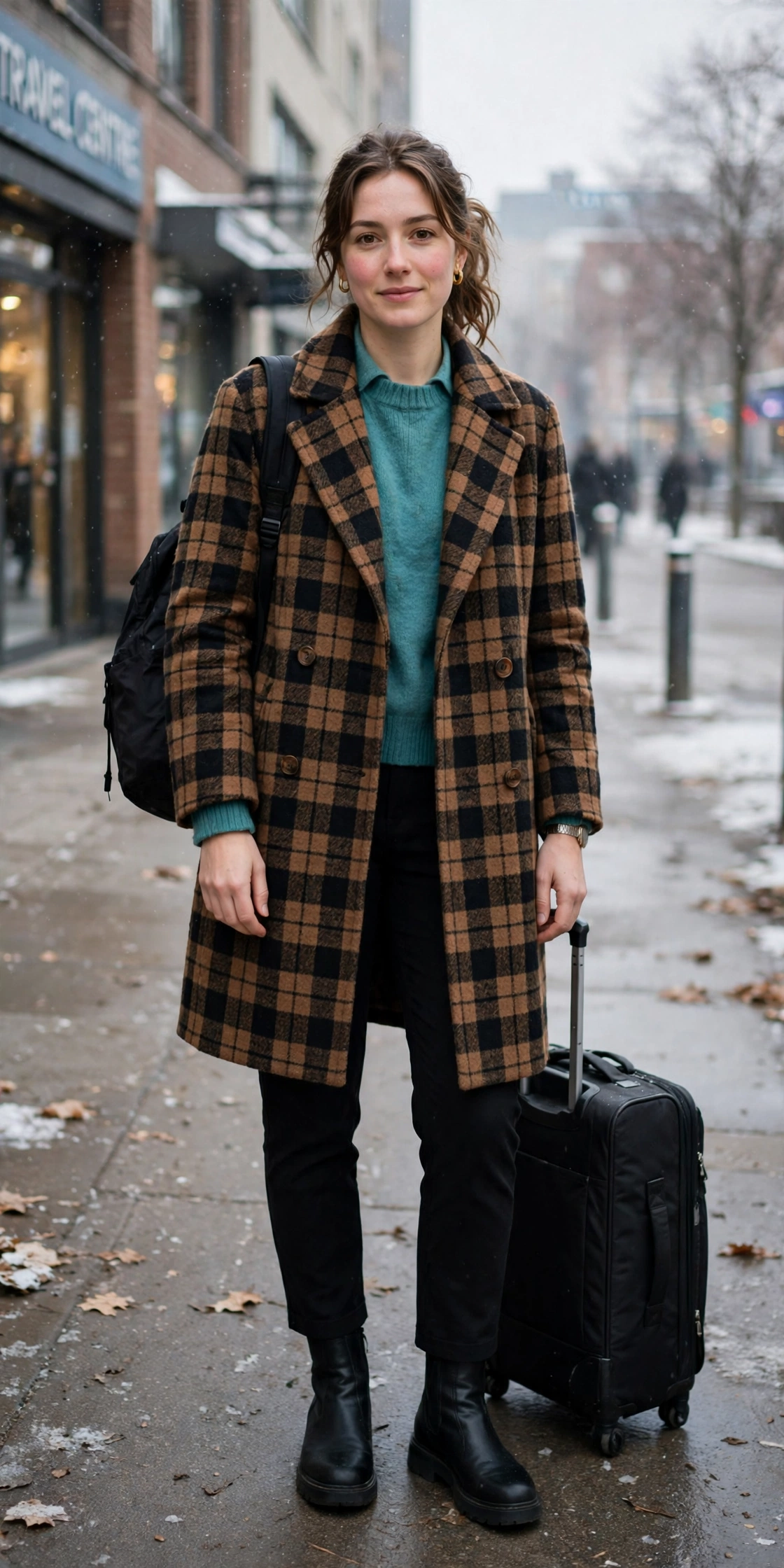 Checked Wool Coat Over a Teal Jumper and Black Trousers