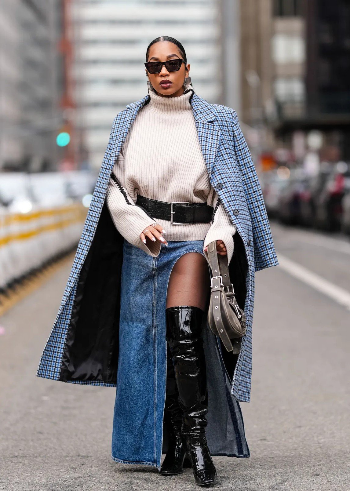 Checked Wool Coat With Denim Skirt and Tights