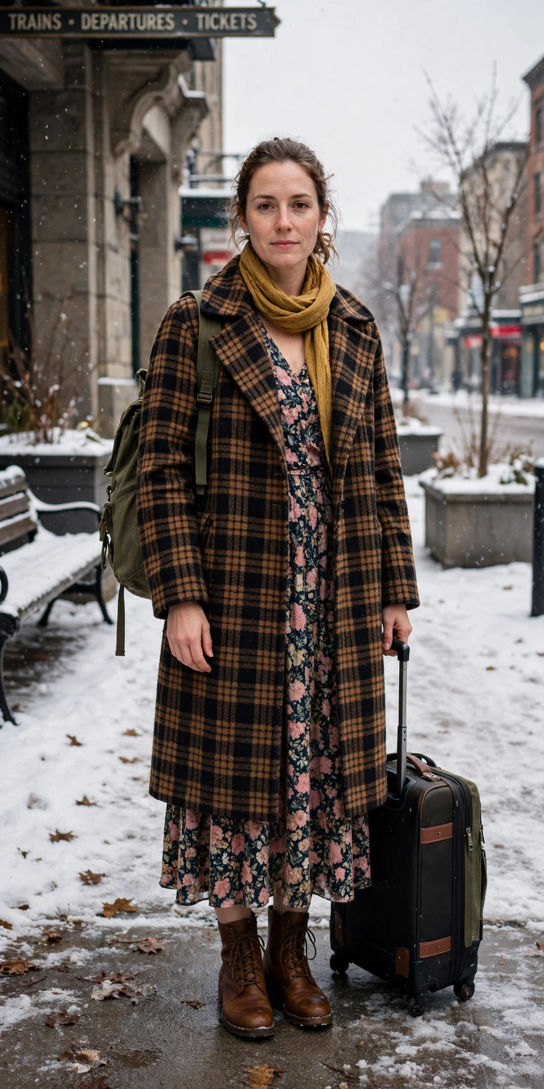 Checked Wool Coat Over a Floral Dress and Boots