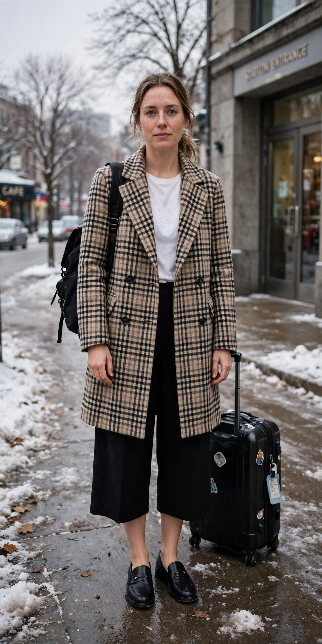 Checked Wool Coat With Black Culottes and a White Top