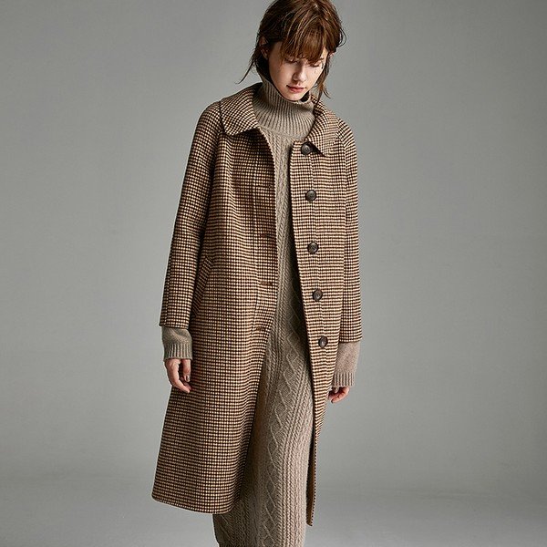 Checked Wool Coat Over a Mocha Knit Set