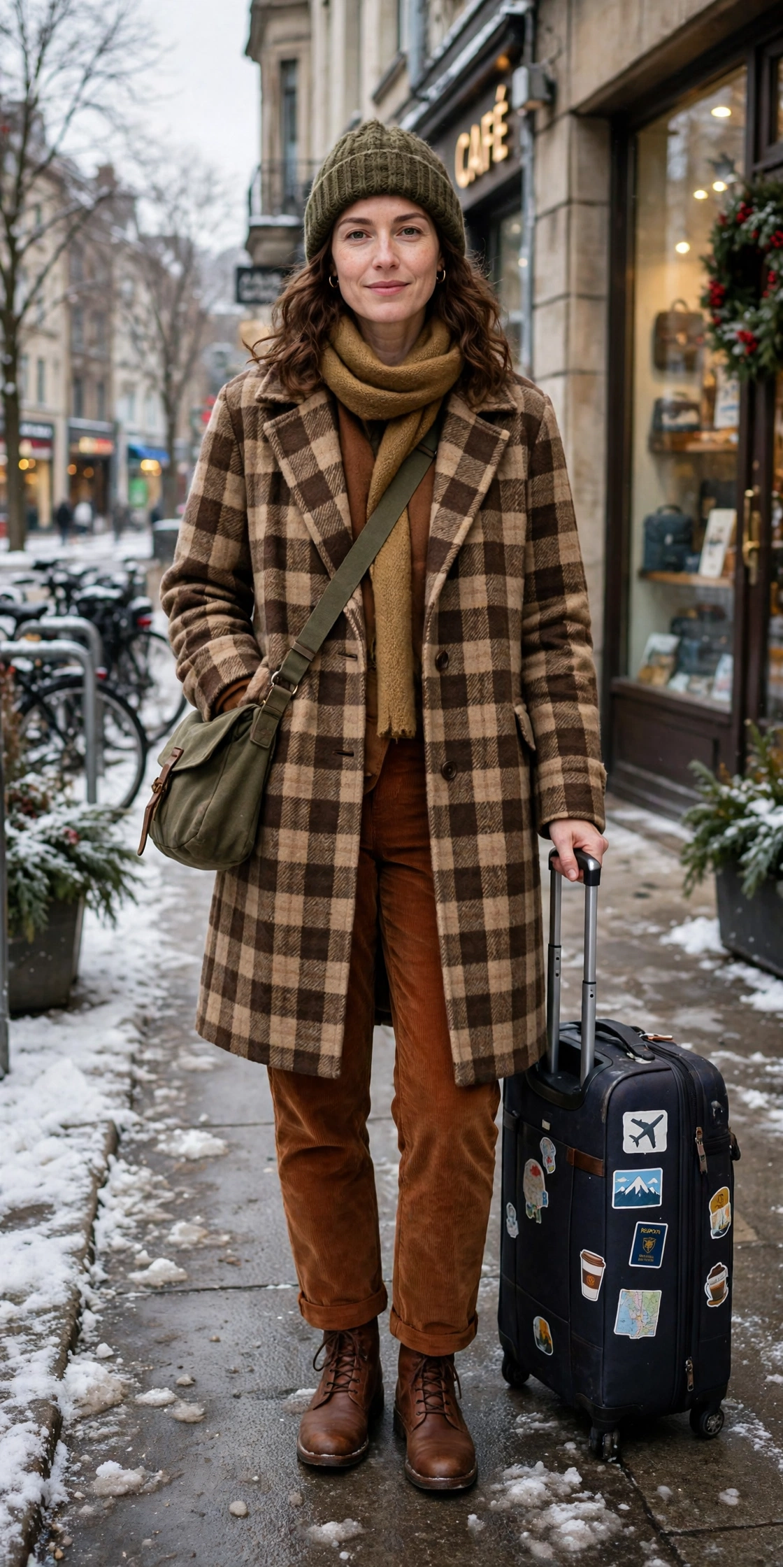 Checked Wool Coat With Rust Trousers and Brown Boots