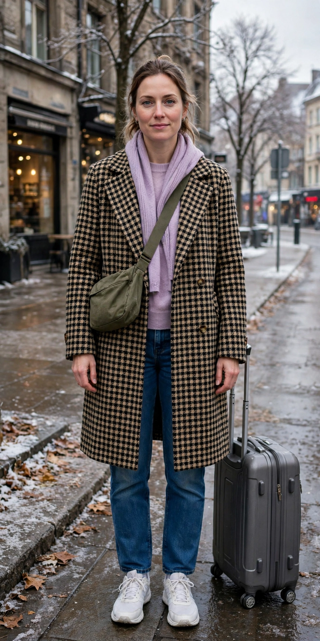 Checked Wool Coat Over a Lavender Jumper and Jeans