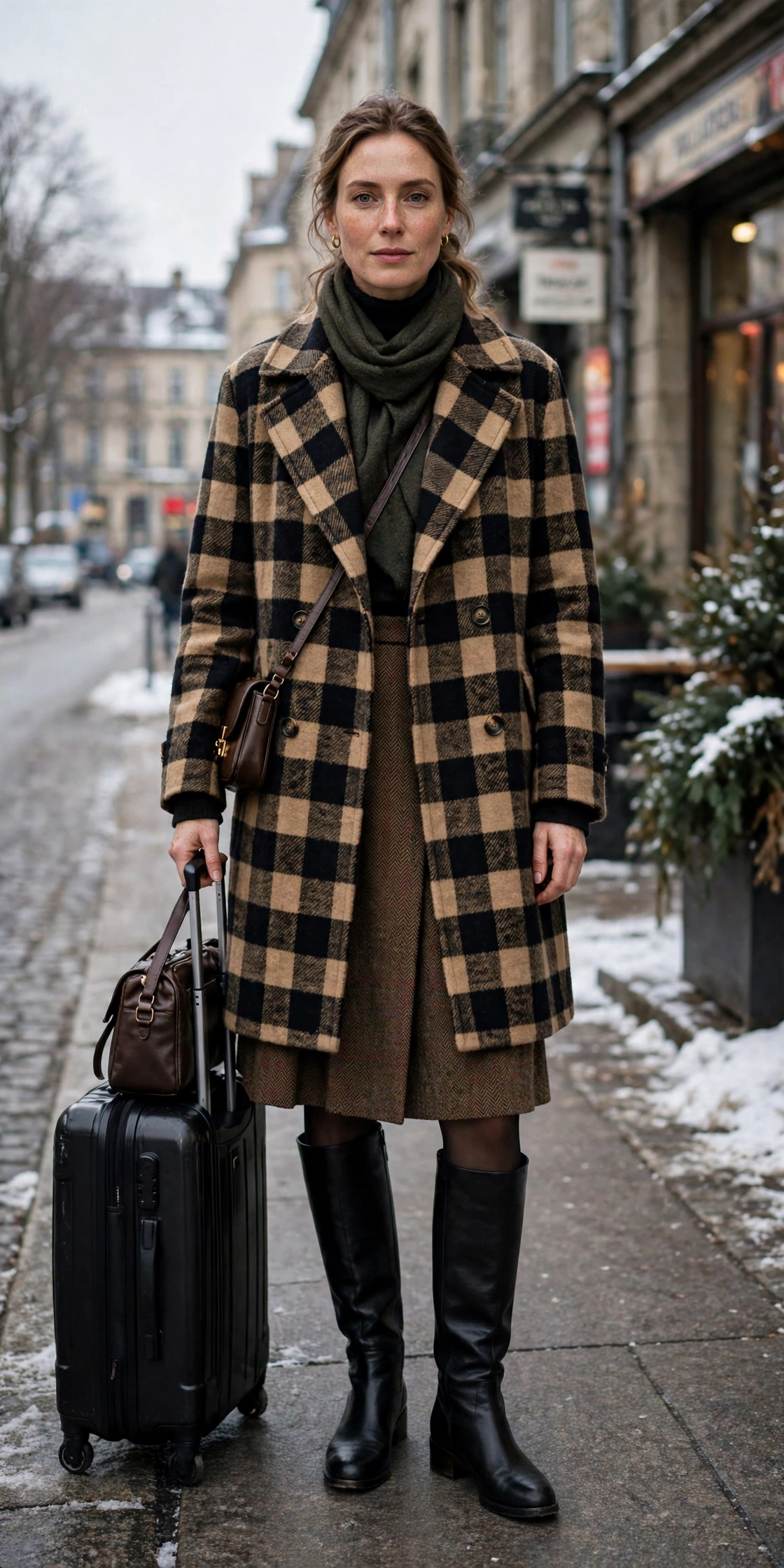 Checked Wool Coat With a Tweed Skirt and Knee Boots