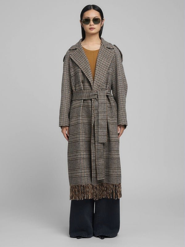 Checked Wool Coat Over a Mustard Knit and Dark Trousers