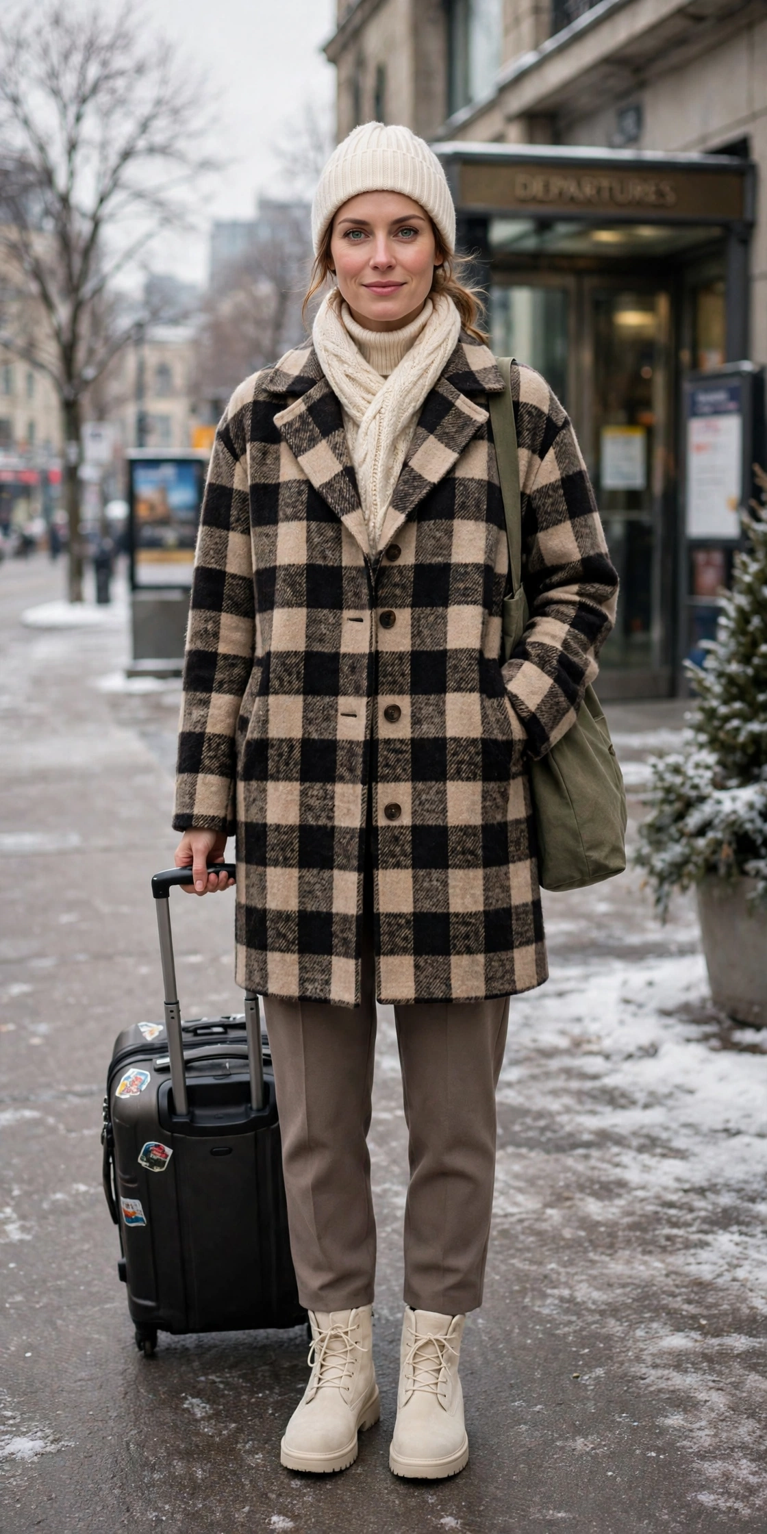 Checked Wool Coat With Taupe Trousers and Cream Boots