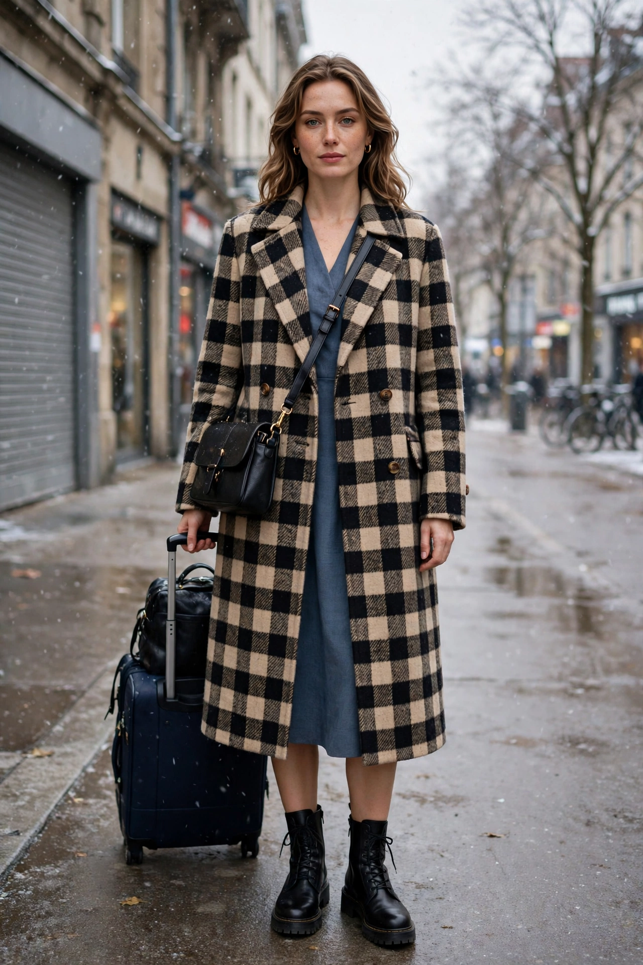 Checked Wool Coat Over a Slate Blue Dress and Boots