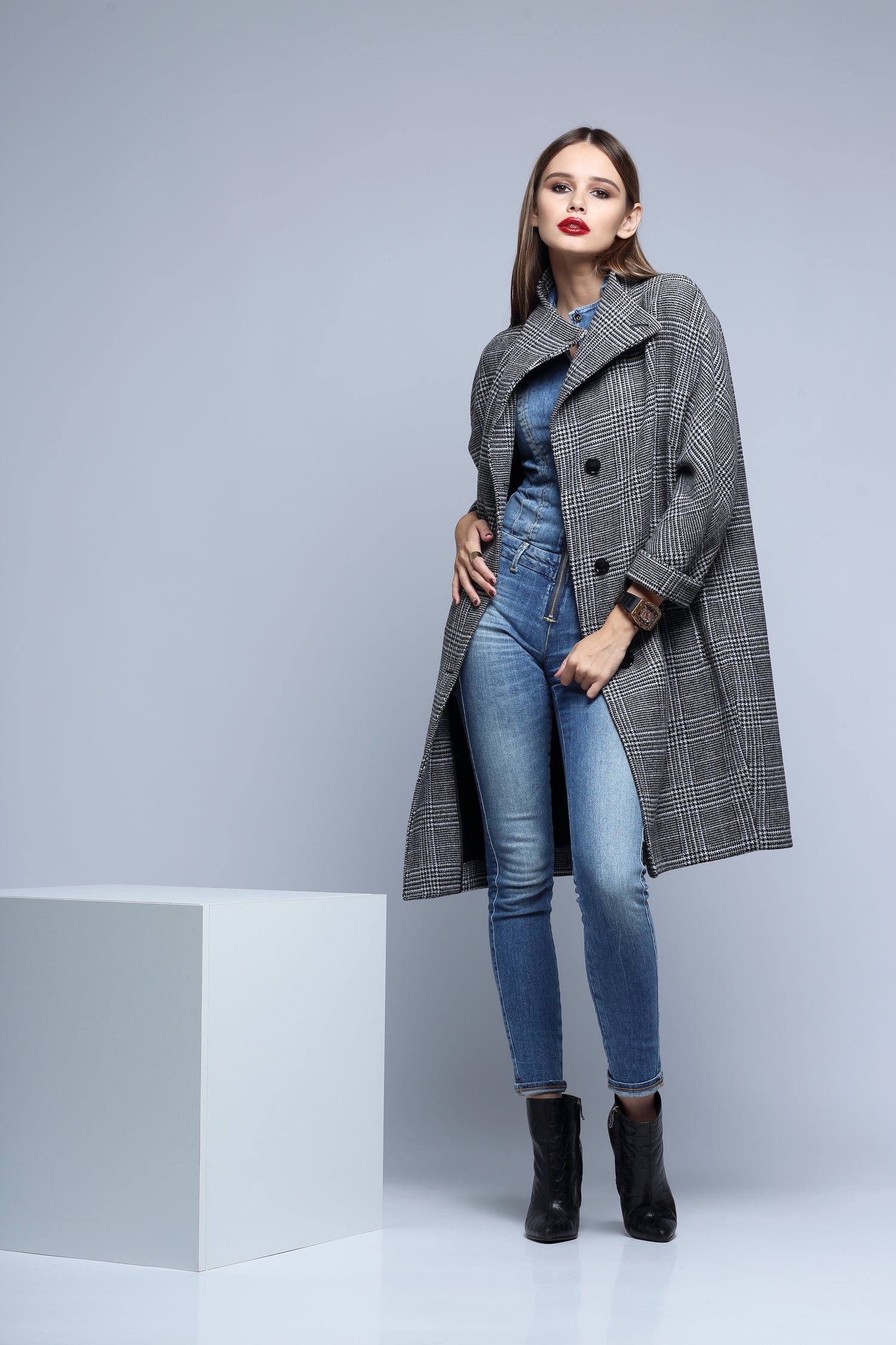 Checked Wool Coat With a Denim Dress and Ankle Boots