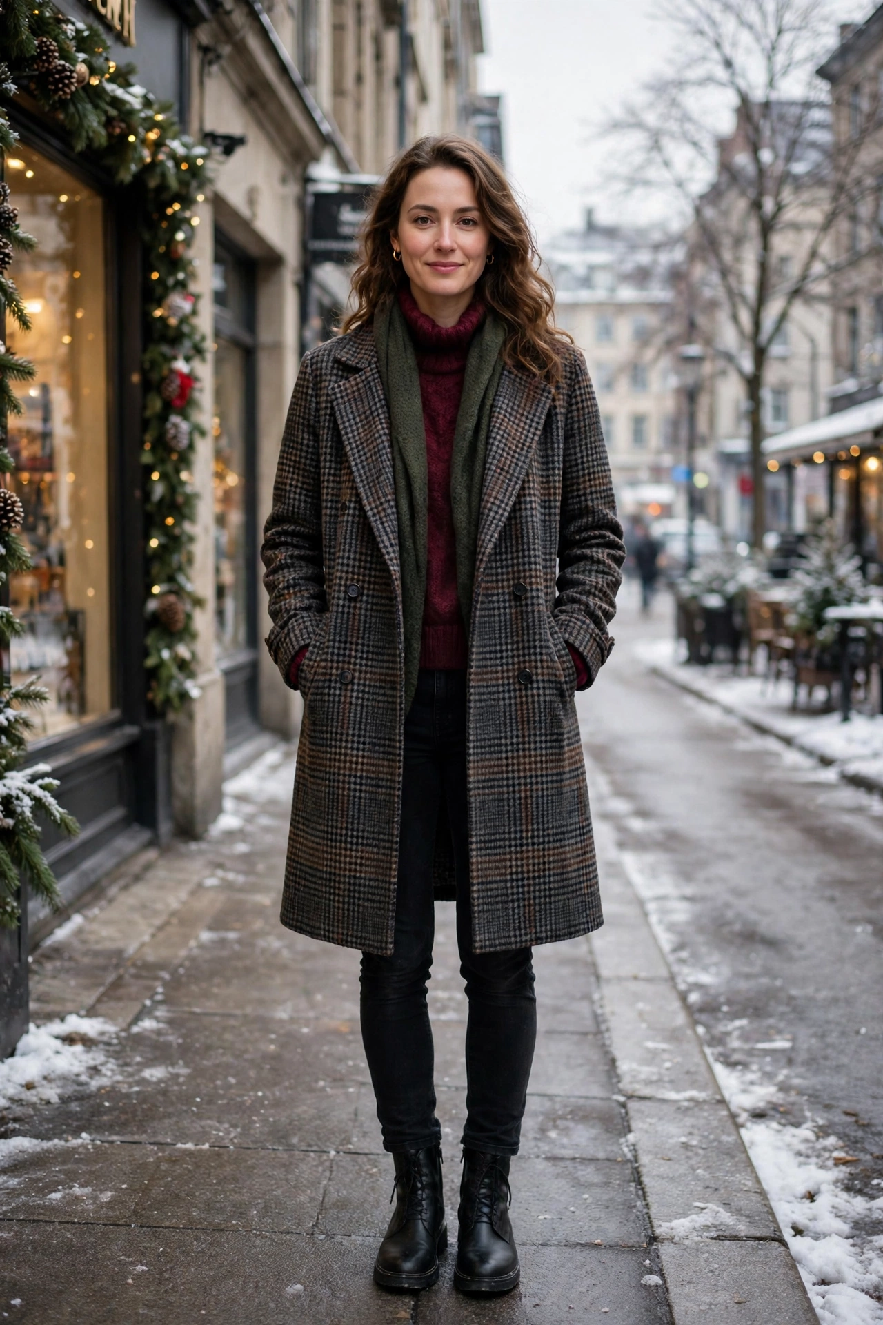 Checked Wool Coat Over a Wine Jumper and Black Jeans