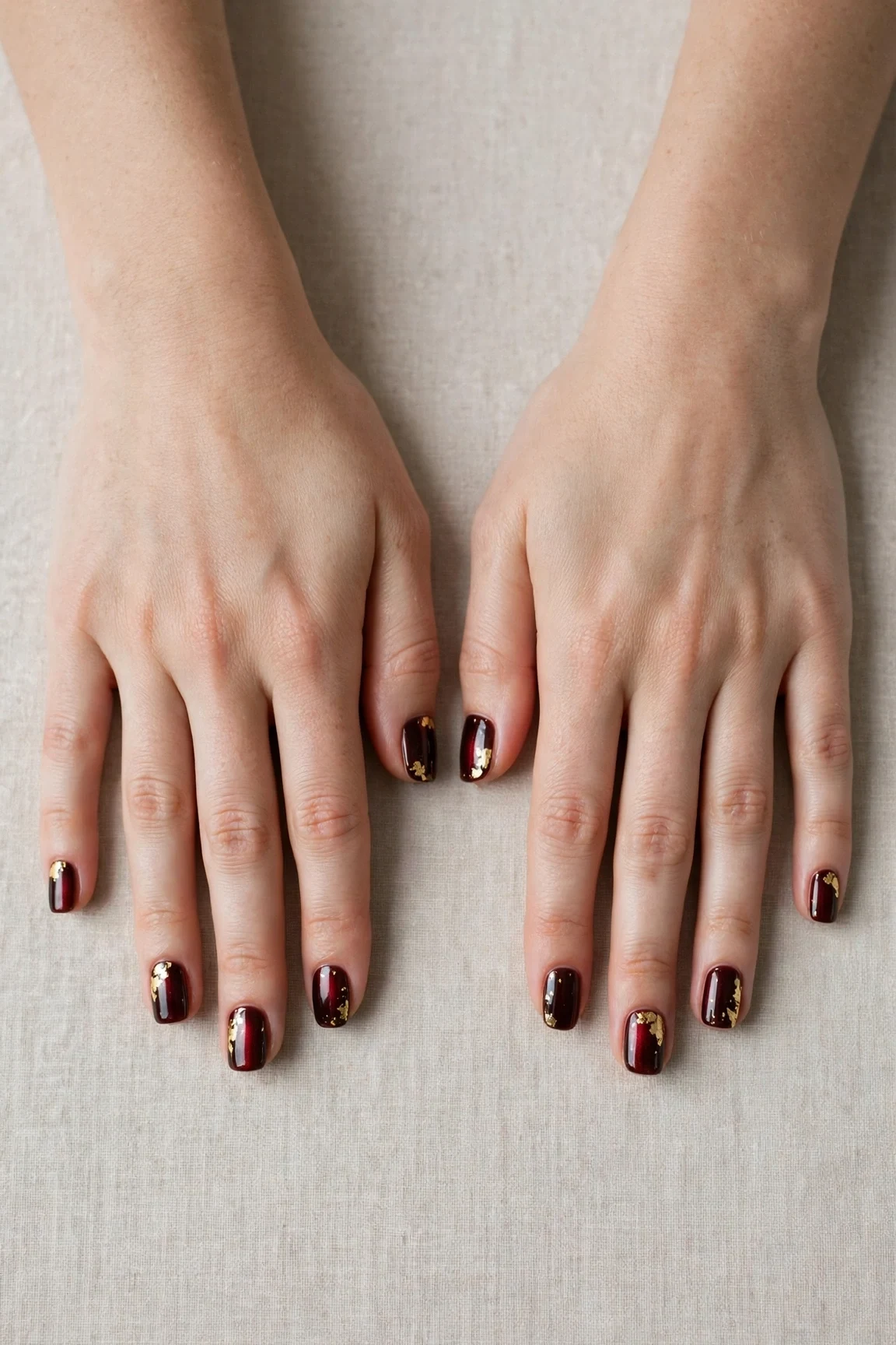 20 Cherry Cola Glossy Nails For Deep Winter Evenings That Are Chic, Warm and Elegant 5 Short Square Cherry Cola Glossy Nails with a chrome shine and gold foil accents