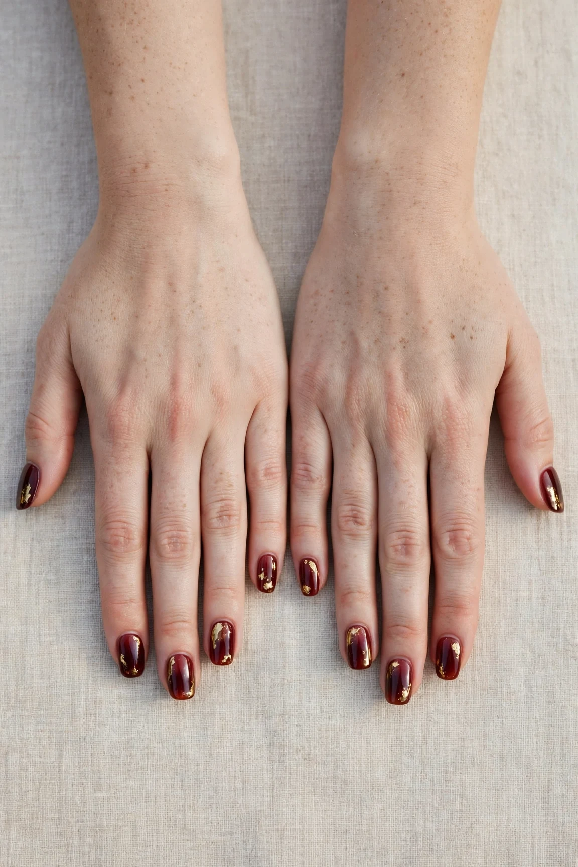 20 Cherry Cola Glossy Nails For Deep Winter Evenings That Are Chic, Warm and Elegant 6 Squoval Cherry Cola Glossy Nails with a sheer jelly finish and gold foil accents