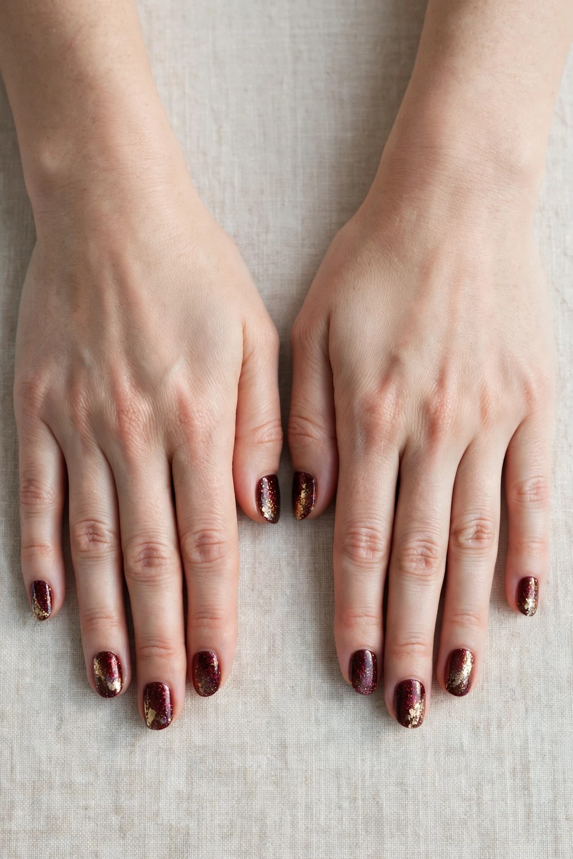 20 Cherry Cola Glossy Nails For Deep Winter Evenings That Are Chic, Warm and Elegant 8 Short Oval Cherry Cola Glossy Nails with a glitter gradient finish and gold foil accents