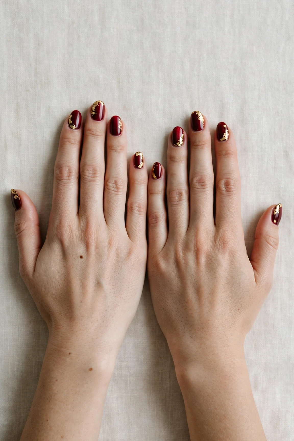 20 Cherry Cola Glossy Nails For Deep Winter Evenings That Are Chic, Warm and Elegant 10 Oval Cherry Cola Glossy Nails with a satin finish and gold foil accents