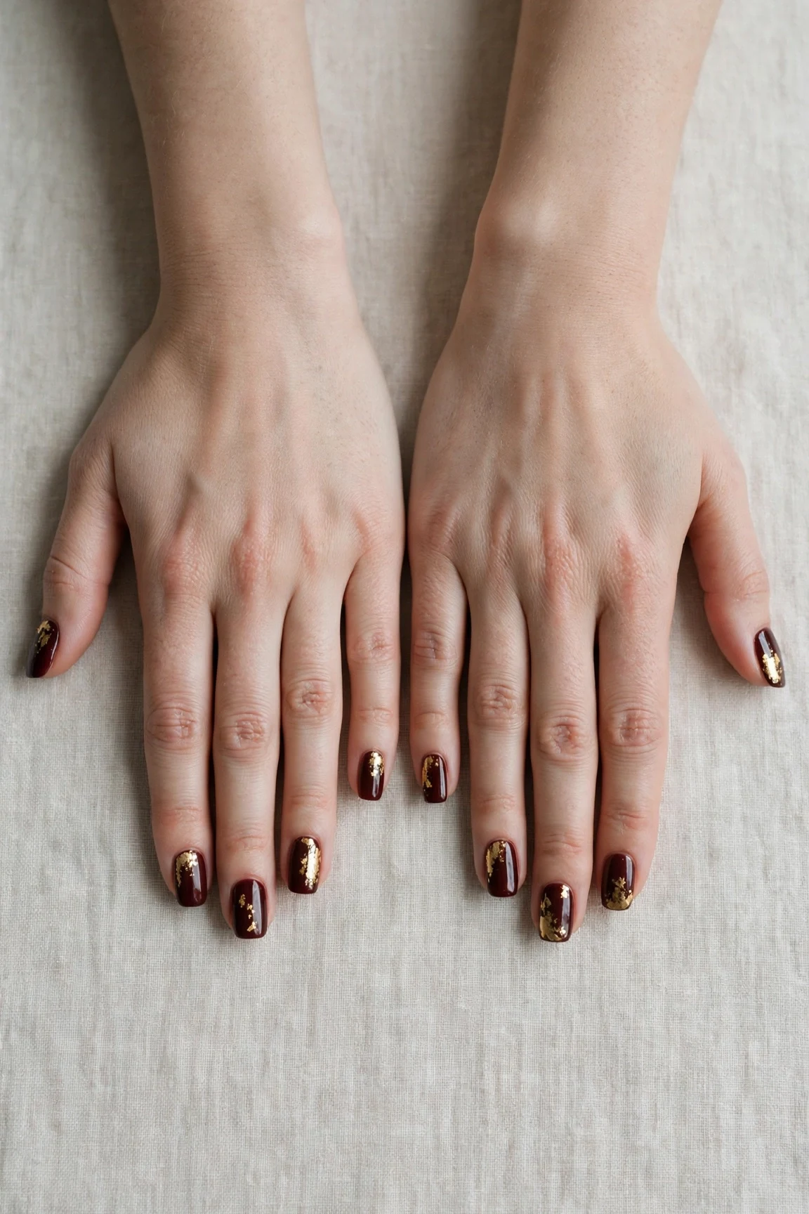 20 Cherry Cola Glossy Nails For Deep Winter Evenings That Are Chic, Warm and Elegant 12 Squoval Cherry Cola Glossy Nails with a creamy opaque finish and gold foil accents