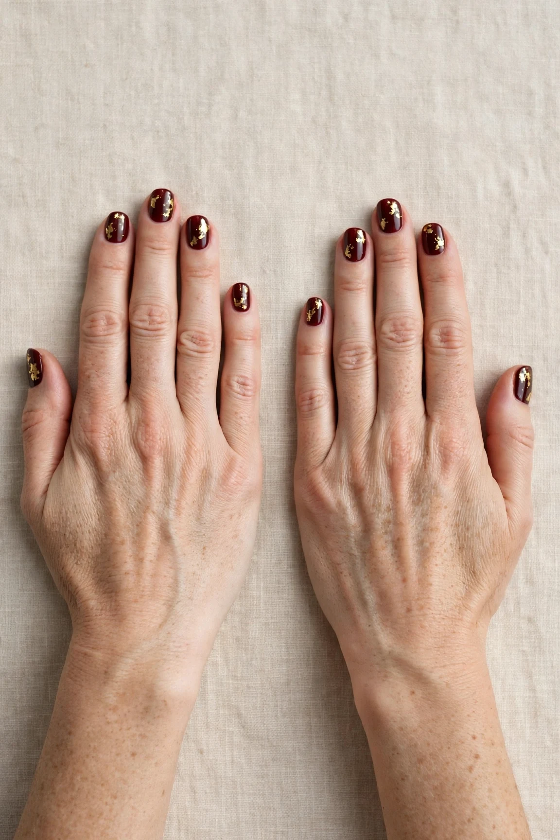 20 Cherry Cola Glossy Nails For Deep Winter Evenings That Are Chic, Warm and Elegant 13 Short Round Cherry Cola Glossy Nails with a deep glossy shine and gold foil accents
