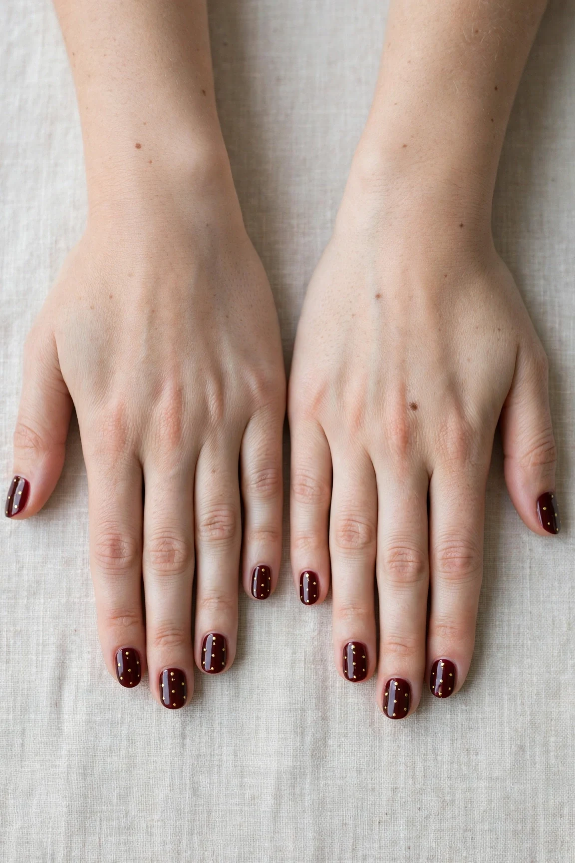 20 Cherry Cola Glossy Nails For Deep Winter Evenings That Are Chic, Warm and Elegant 14 Short Oval Cherry Cola Glossy Nails with a high-gloss finish and tiny gold dots