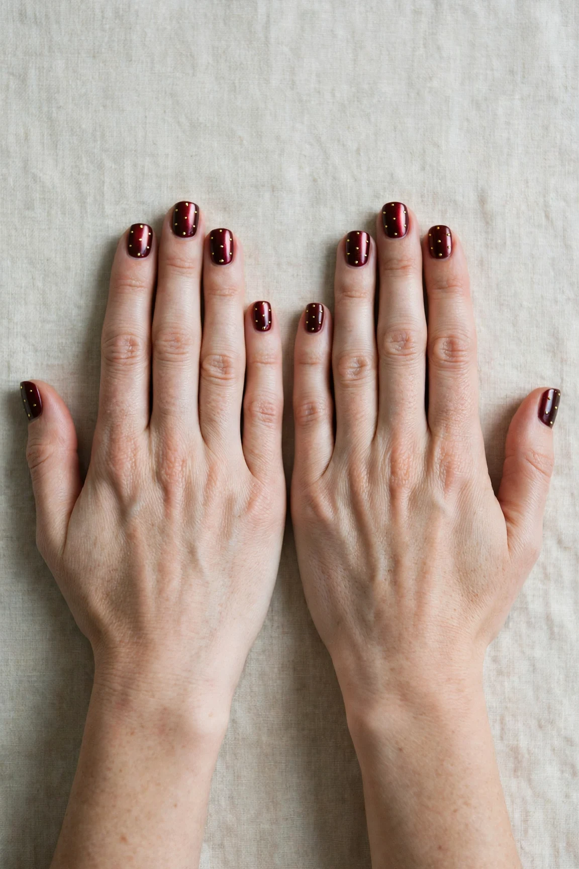 20 Cherry Cola Glossy Nails For Deep Winter Evenings That Are Chic, Warm and Elegant 17 Short Square Cherry Cola Glossy Nails with a chrome shine and tiny gold dots