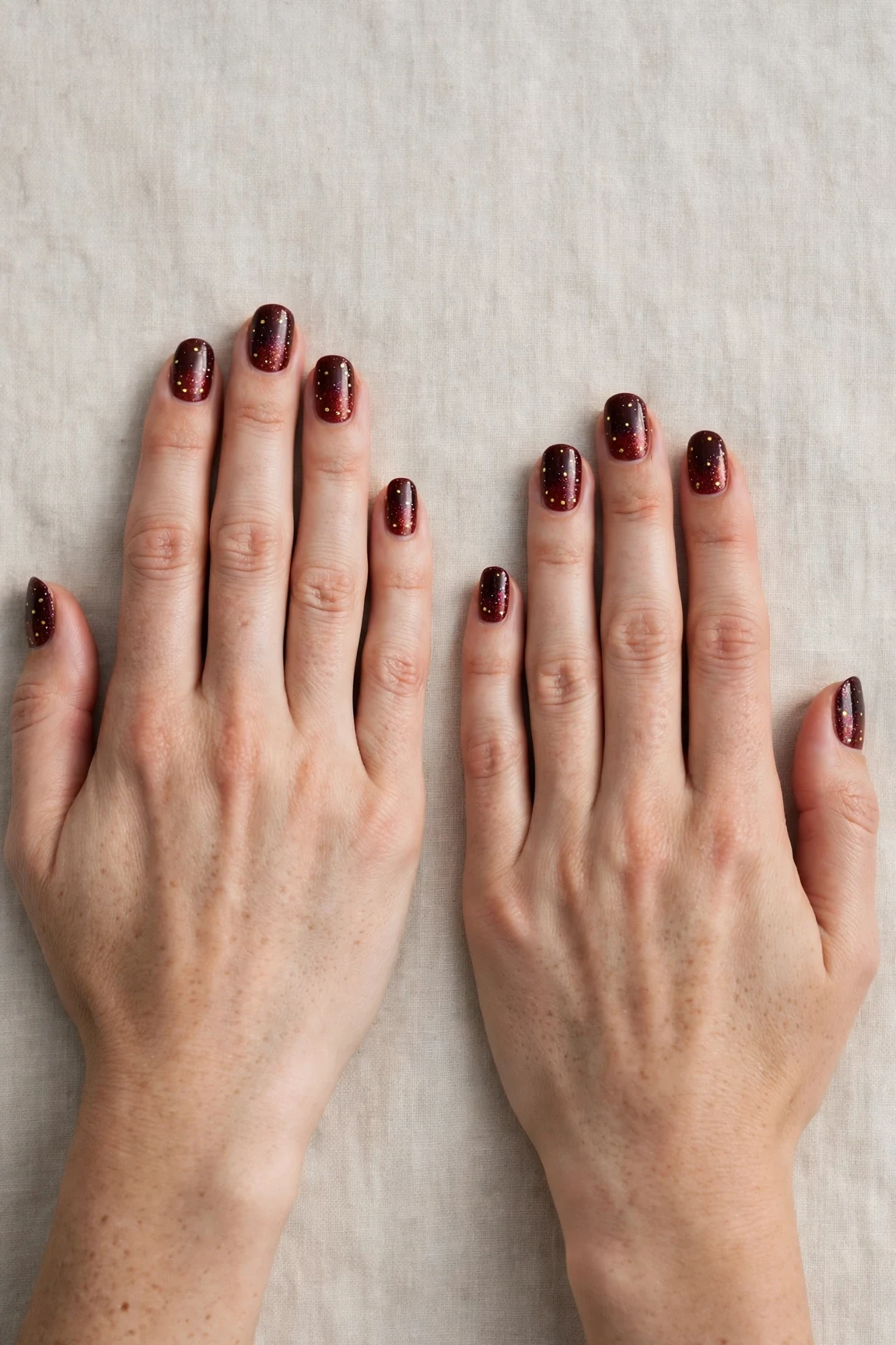 20 Cherry Cola Glossy Nails For Deep Winter Evenings That Are Chic, Warm and Elegant 20 Short Oval Cherry Cola Glossy Nails with a glitter gradient finish and tiny gold dots