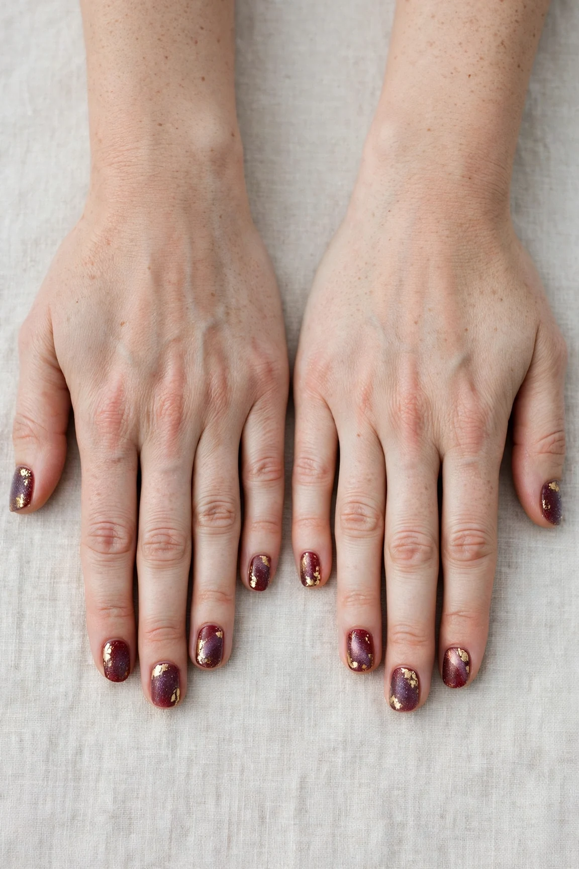 25 Cherry Cola Nail Designs With Gold Accents For Winter Weddings That Are Chic, Warm and Elegant 7 Short Round Cherry Cola Nail Designs with Gold Accents with a frosted shimmer finish and gold foil accents