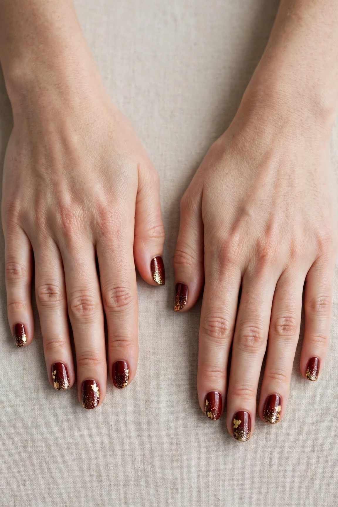 25 Cherry Cola Nail Designs With Gold Accents For Winter Weddings That Are Chic, Warm and Elegant 8 Short Oval Cherry Cola Nail Designs with Gold Accents with a glitter gradient finish and gold foil accents