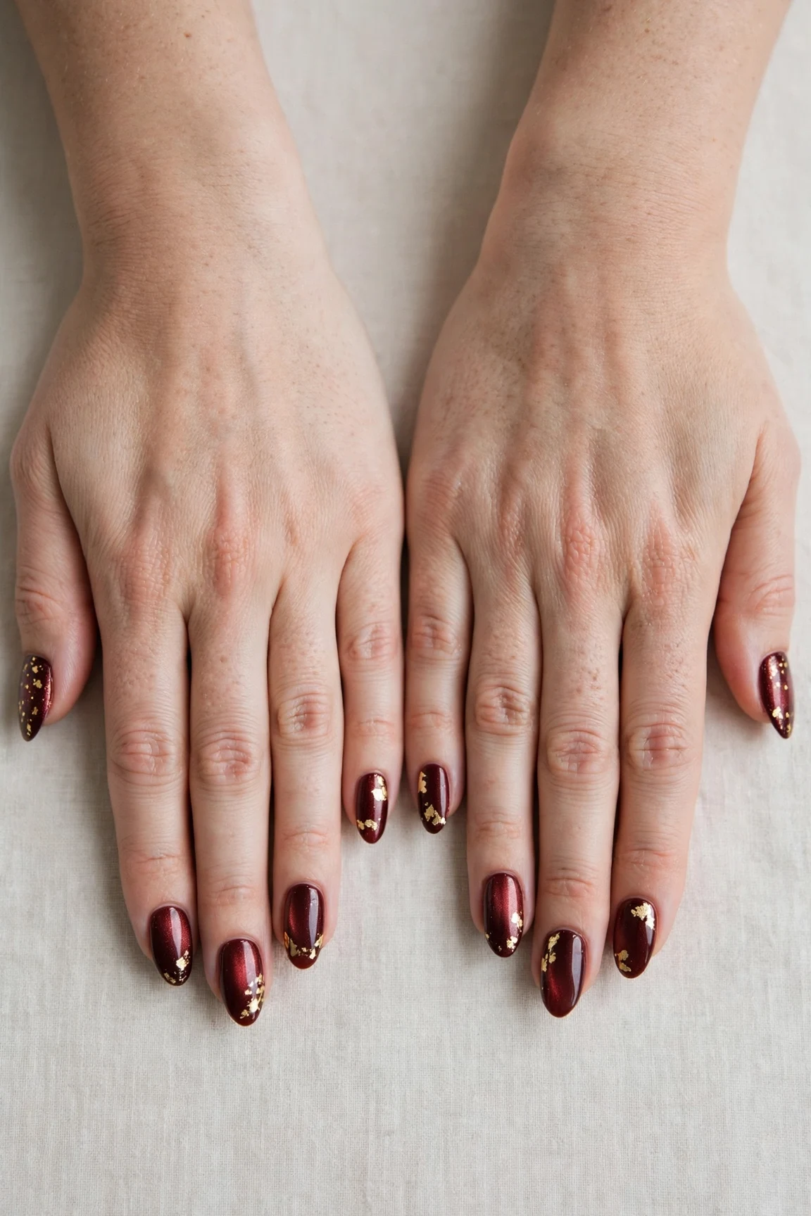 25 Cherry Cola Nail Designs With Gold Accents For Winter Weddings That Are Chic, Warm and Elegant 9 Almond Cherry Cola Nail Designs with Gold Accents with a pearl shimmer finish and gold foil accents