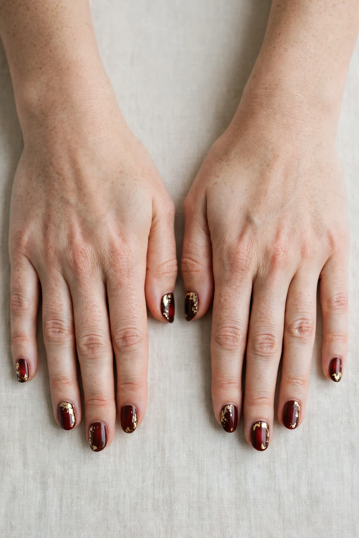 25 Cherry Cola Nail Designs With Gold Accents For Winter Weddings That Are Chic, Warm and Elegant 10 Oval Cherry Cola Nail Designs with Gold Accents with a satin finish and gold foil accents