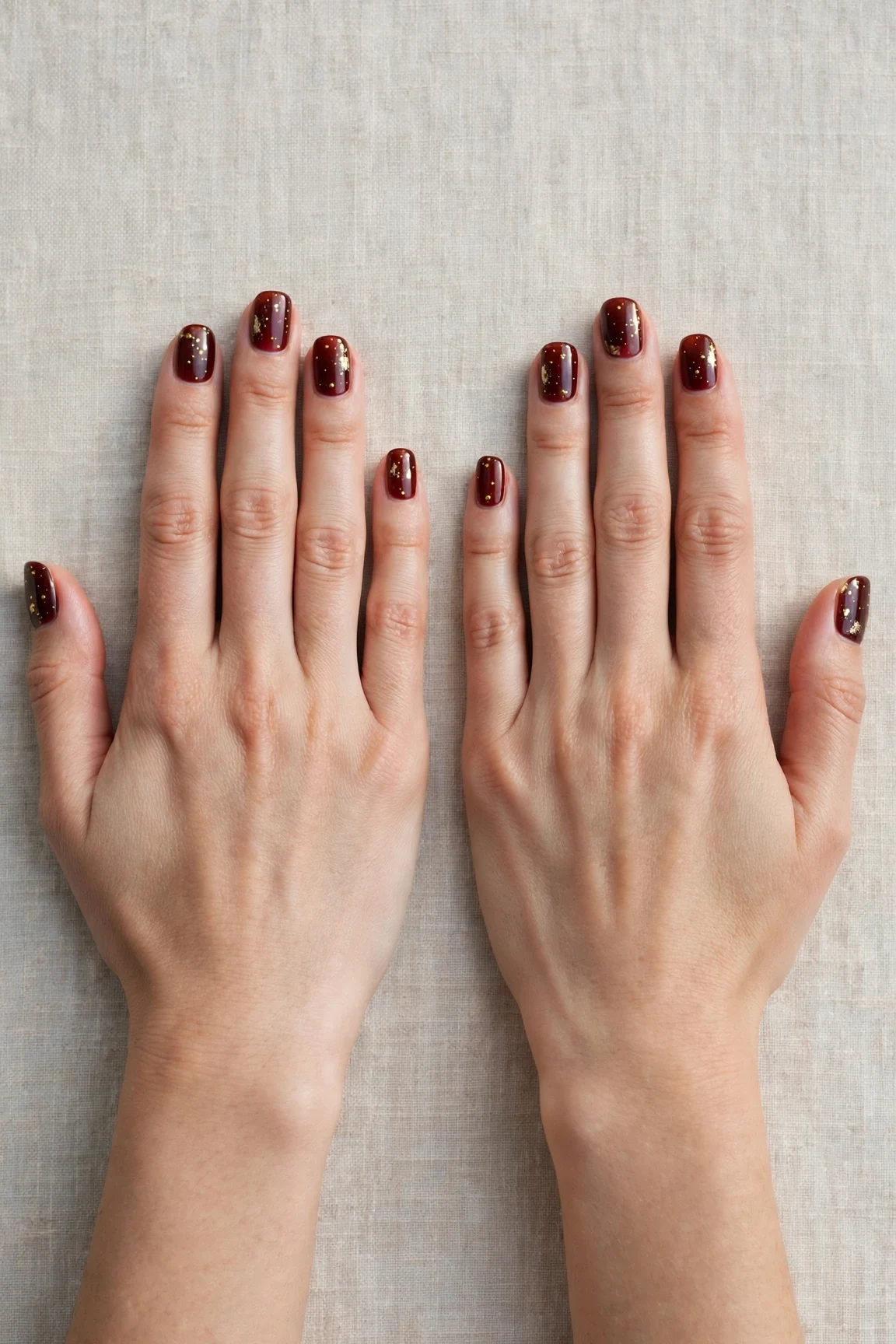 25 Cherry Cola Nail Designs With Gold Accents For Winter Weddings That Are Chic, Warm and Elegant 18 Squoval Cherry Cola Nail Designs with Gold Accents with a sheer jelly finish and tiny gold dots