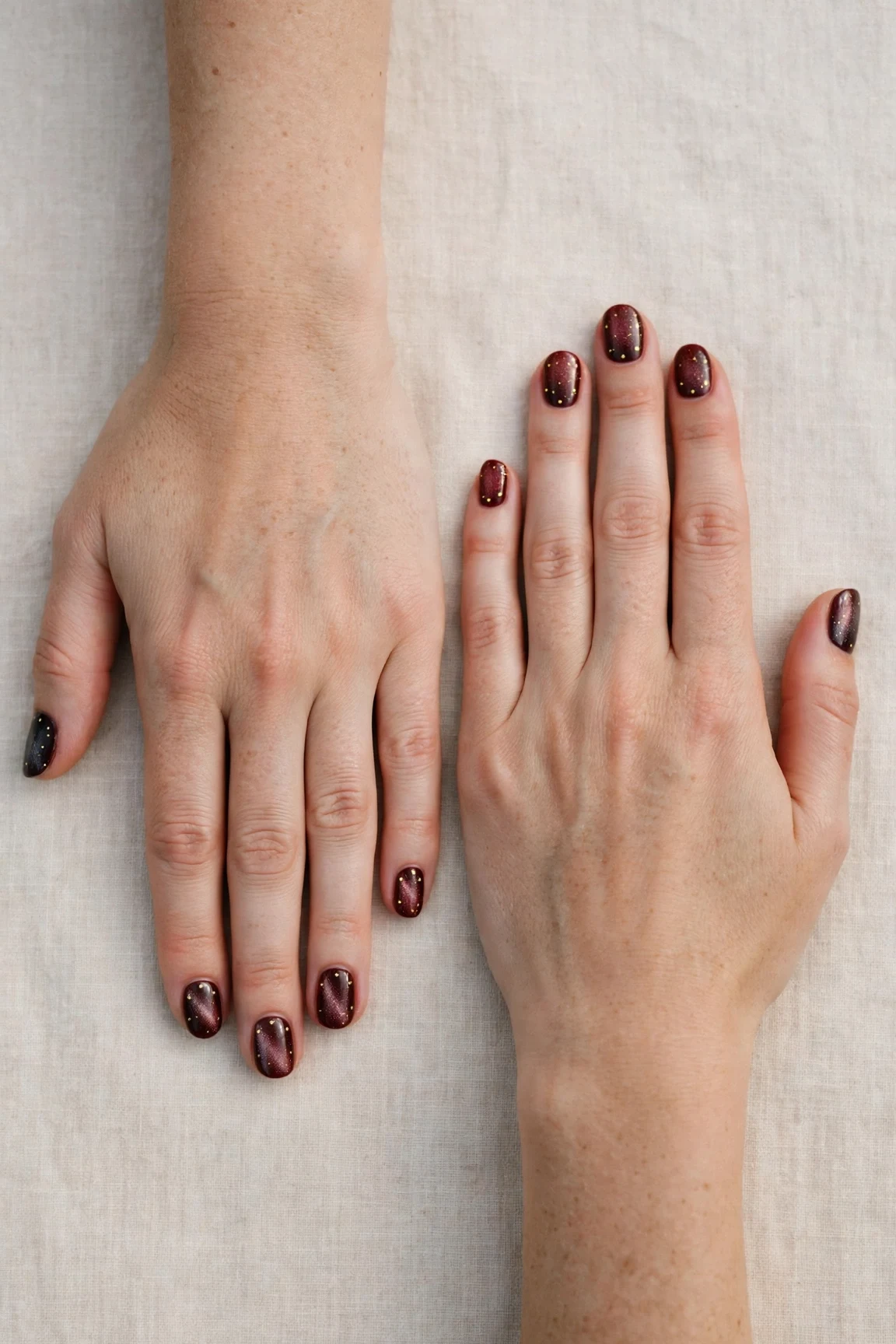 25 Cherry Cola Nail Designs With Gold Accents For Winter Weddings That Are Chic, Warm and Elegant 19 Short Round Cherry Cola Nail Designs with Gold Accents with a frosted shimmer finish and tiny gold dots