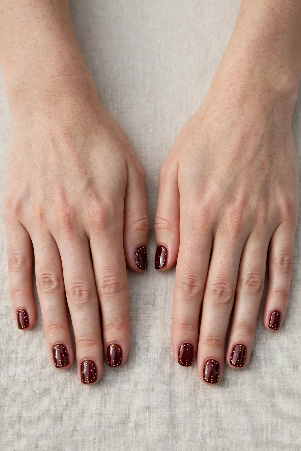 25 Cherry Cola Nail Designs With Gold Accents For Winter Weddings That Are Chic, Warm and Elegant 23 Short Square Cherry Cola Nail Designs with Gold Accents with a glassy gel finish and tiny gold dots
