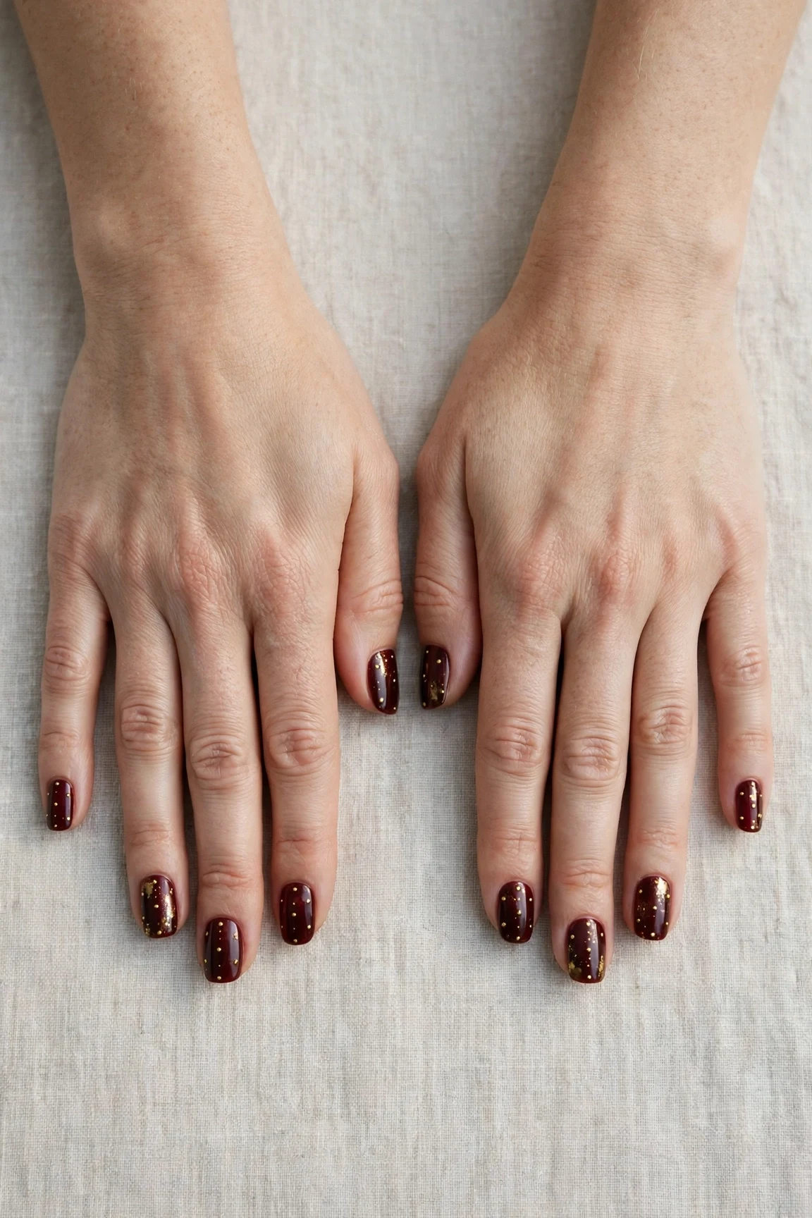 25 Cherry Cola Nail Designs With Gold Accents For Winter Weddings That Are Chic, Warm and Elegant 24 Squoval Cherry Cola Nail Designs with Gold Accents with a creamy opaque finish and tiny gold dots