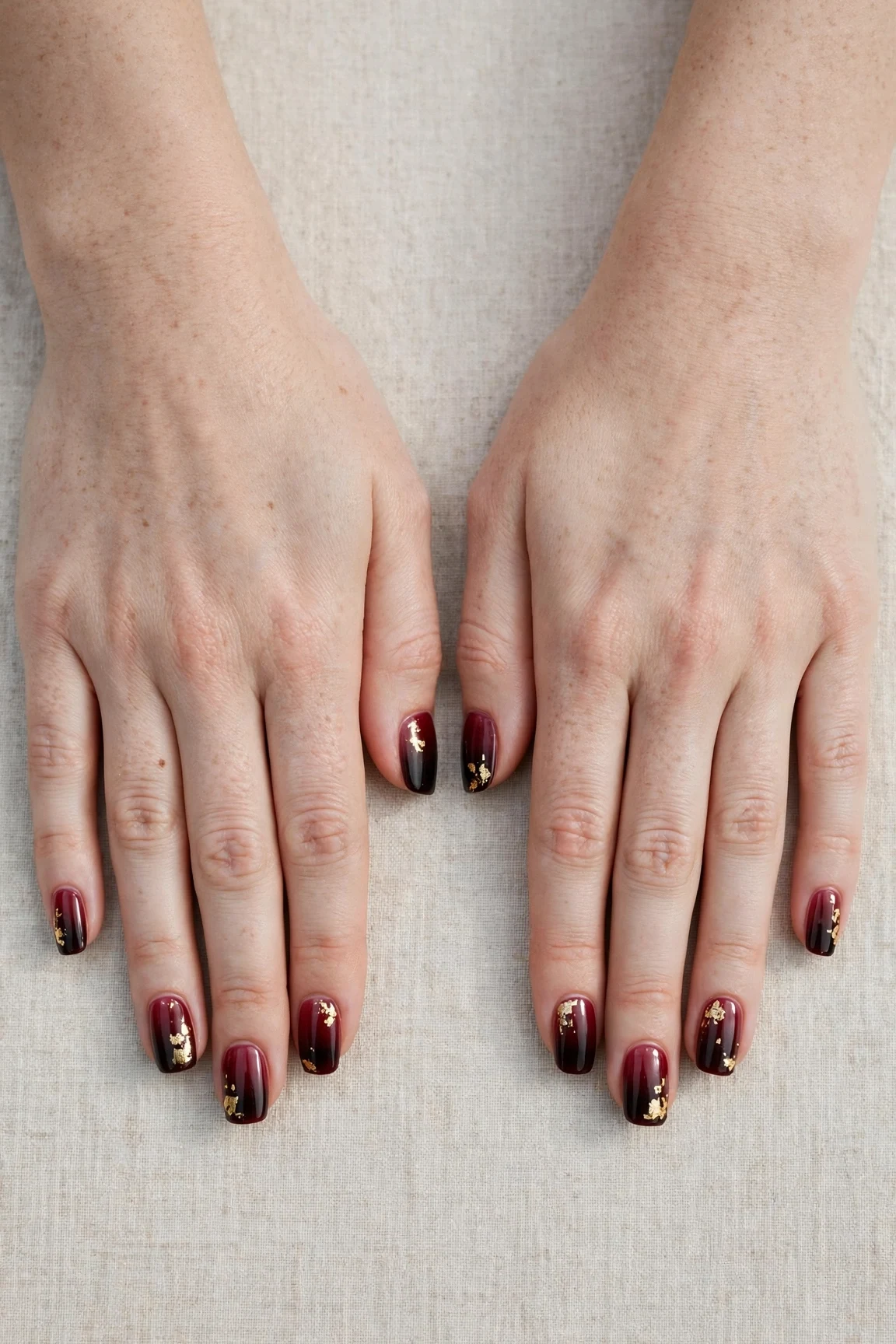 Squoval Cherry Cola Ombre Nails with a sheer jelly finish and gold foil accents