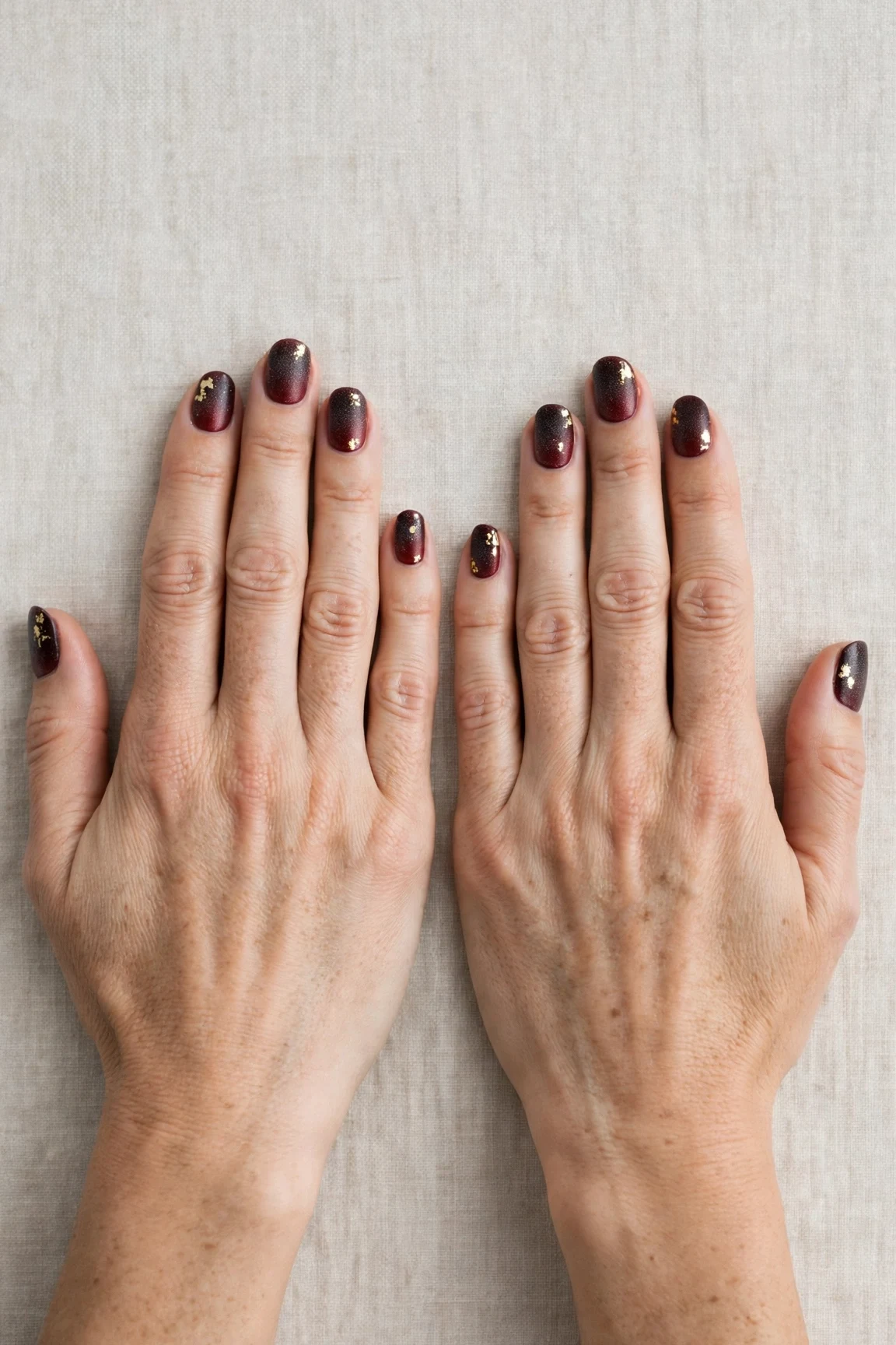 Short Round Cherry Cola Ombre Nails with a frosted shimmer finish and gold foil accents