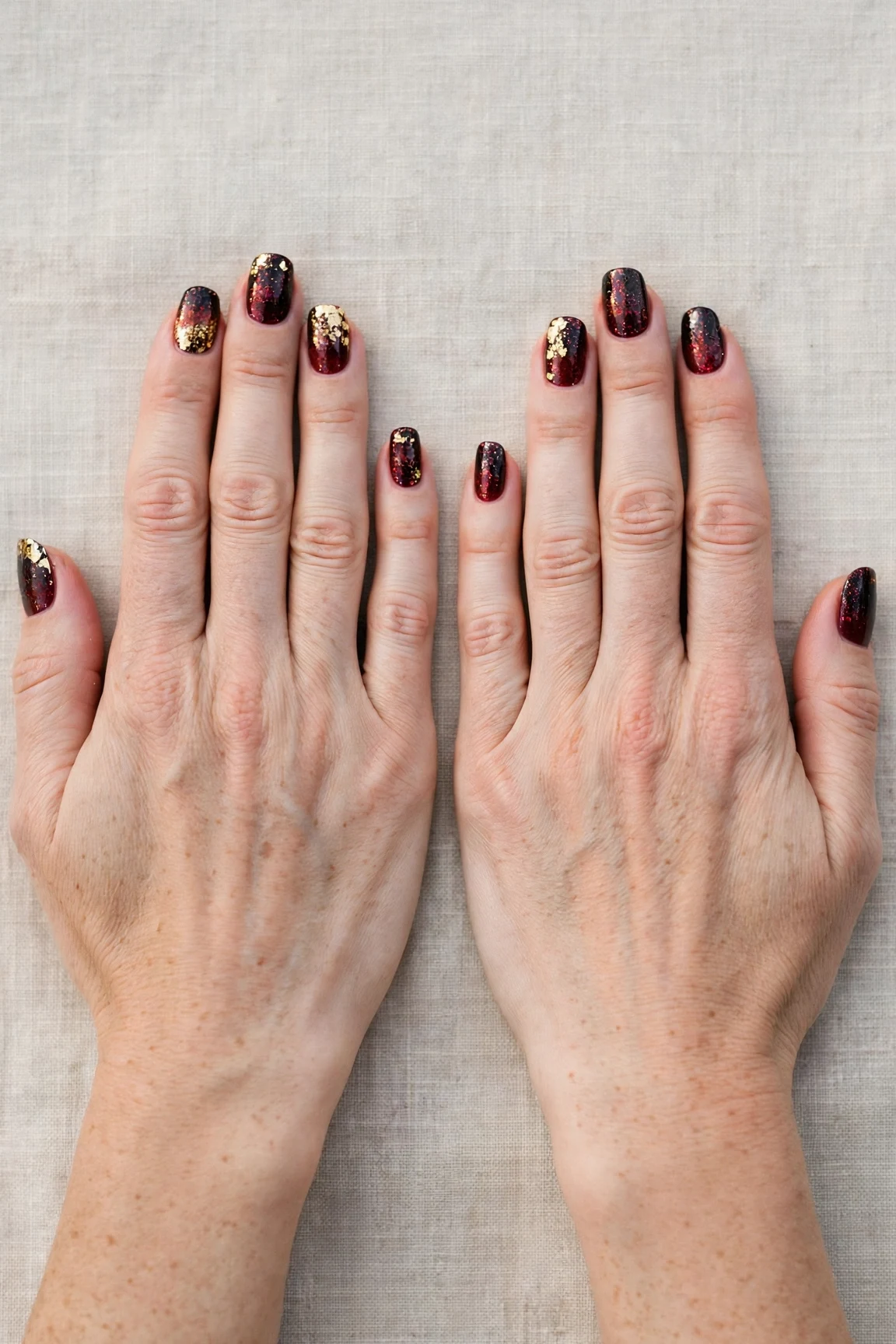Short Oval Cherry Cola Ombre Nails with a glitter gradient finish and gold foil accents